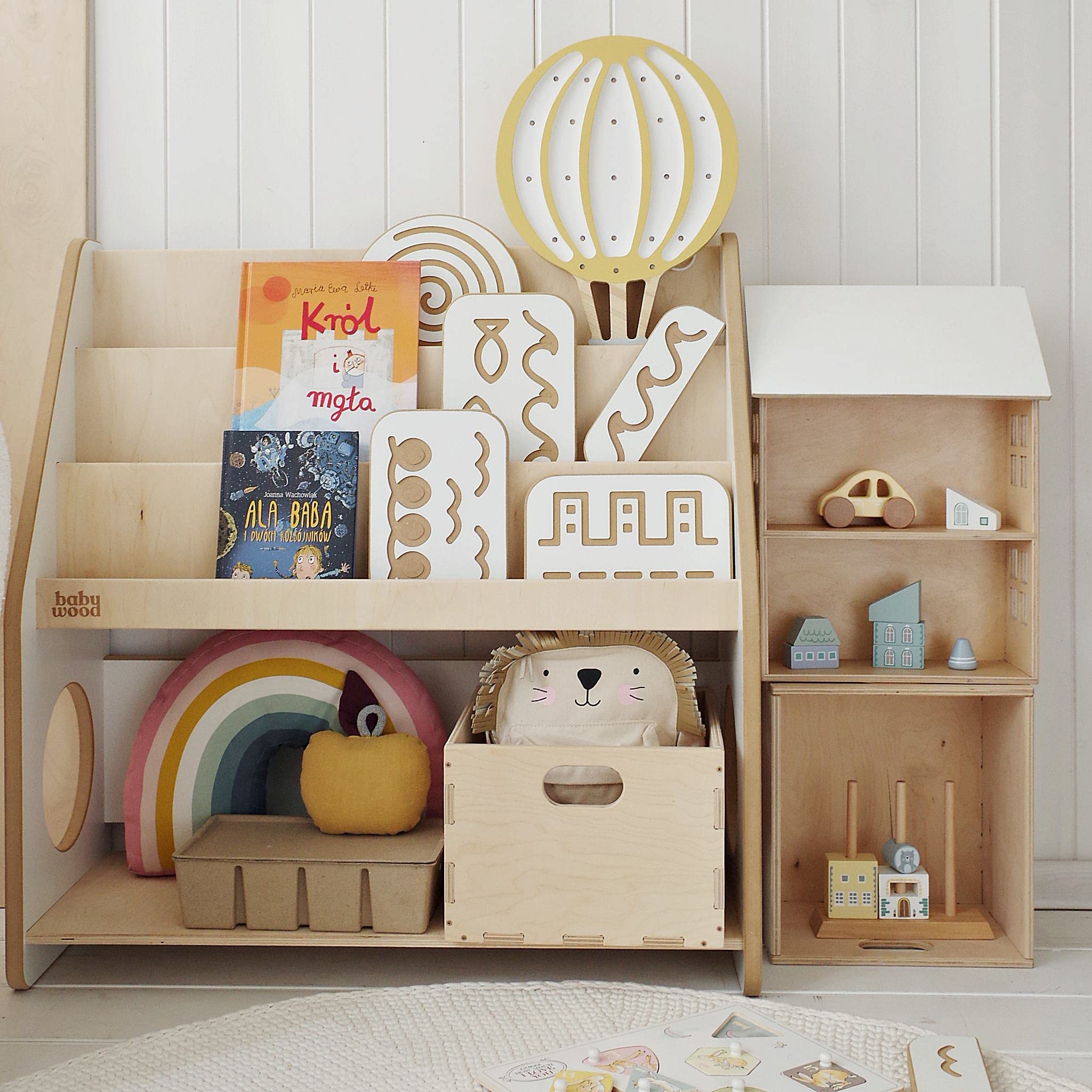 Babywood Bücherregal aus Holz für Kinder | Kinderregal mit 2 Spielzeugkisten | Montessori Kinderbücherregal | sicheres Bücherregaler | Bücherregal für das Kinderzimmer