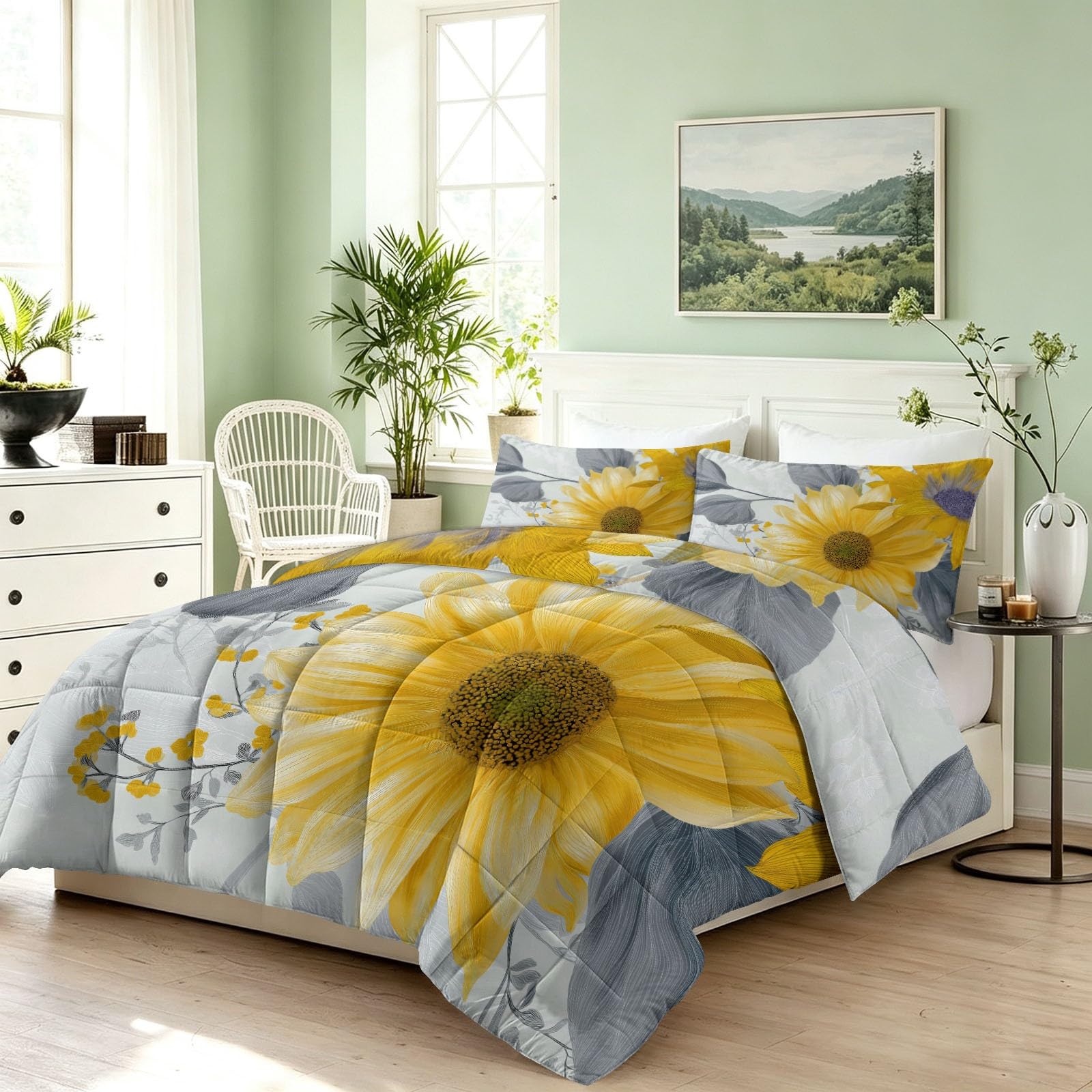 Piumino da 135 x 200 cm, 4 stagioni, con girasole botanico, fiori sparsi, caldo, delicato sulla pelle, per tutto l'anno, 135 x 200 cm, moderno, senza rivestimento, lavabile, con 2 federe da 80 x 80 cm