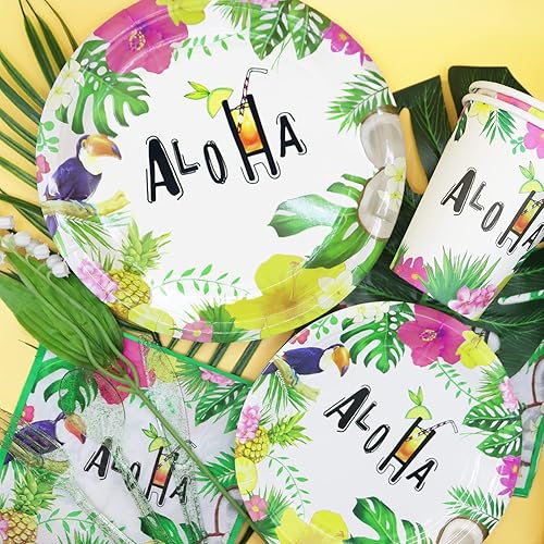 Miniatura 2 de Decodinli Suministros de fiesta hawaiana Luau sirve para 25 personas, decoraciones de fiesta de cumpleaños con temática hawaiana tropical, platos y
