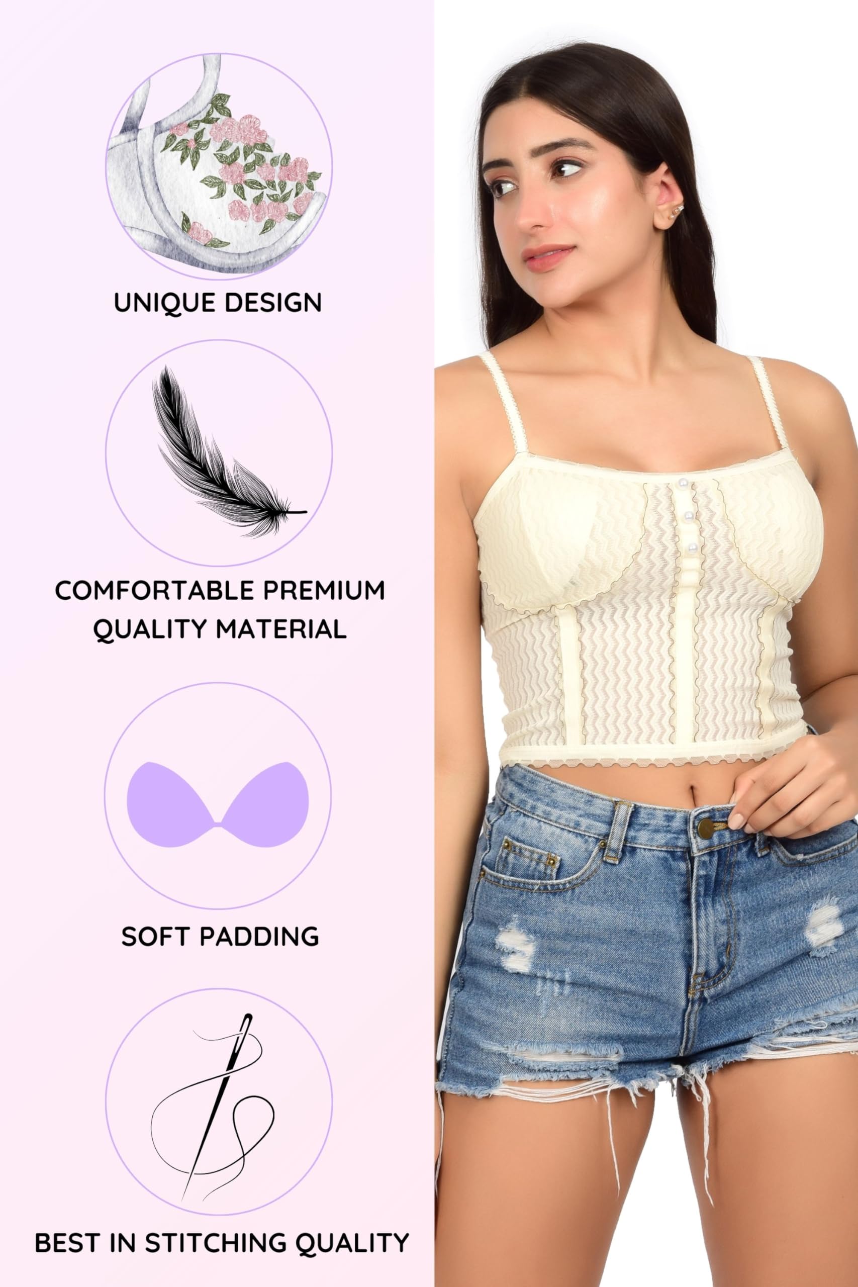 bare dezire Women's Stylish Printed Lightly Padded Wireless Sleeveless Tank Top for Women I Casual Sleeveless Longline Wirefree Full Coverage Cami Top - White, Size - S 4