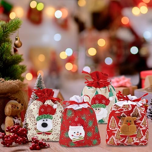 Miniatura 7 de SHANGRLA Bolsas de regalo de muñeca con cordón de Navidad con diseños de muñeco de nieve, renos, Papá Noel, oso  Bonitas bolsas de regalo de tela de
