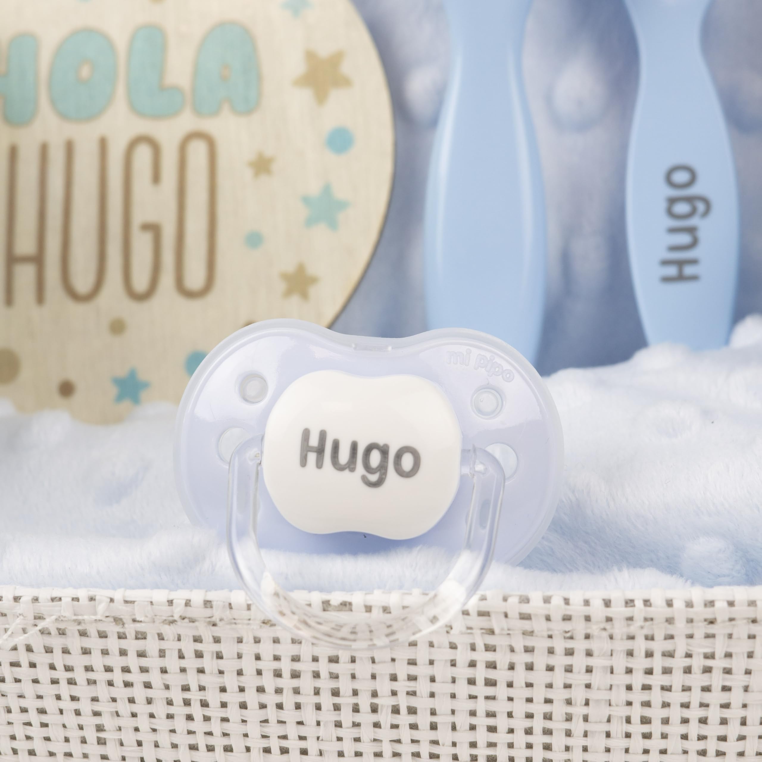 Canastilla Bebe Personalizada Azul | Cesta Bebe Recien Nacido con Manta, Doudou, Chupete, Pañales y Accesorios | Set Regalo Nacimiento Completo, Nombre Bordado, Poliéster
