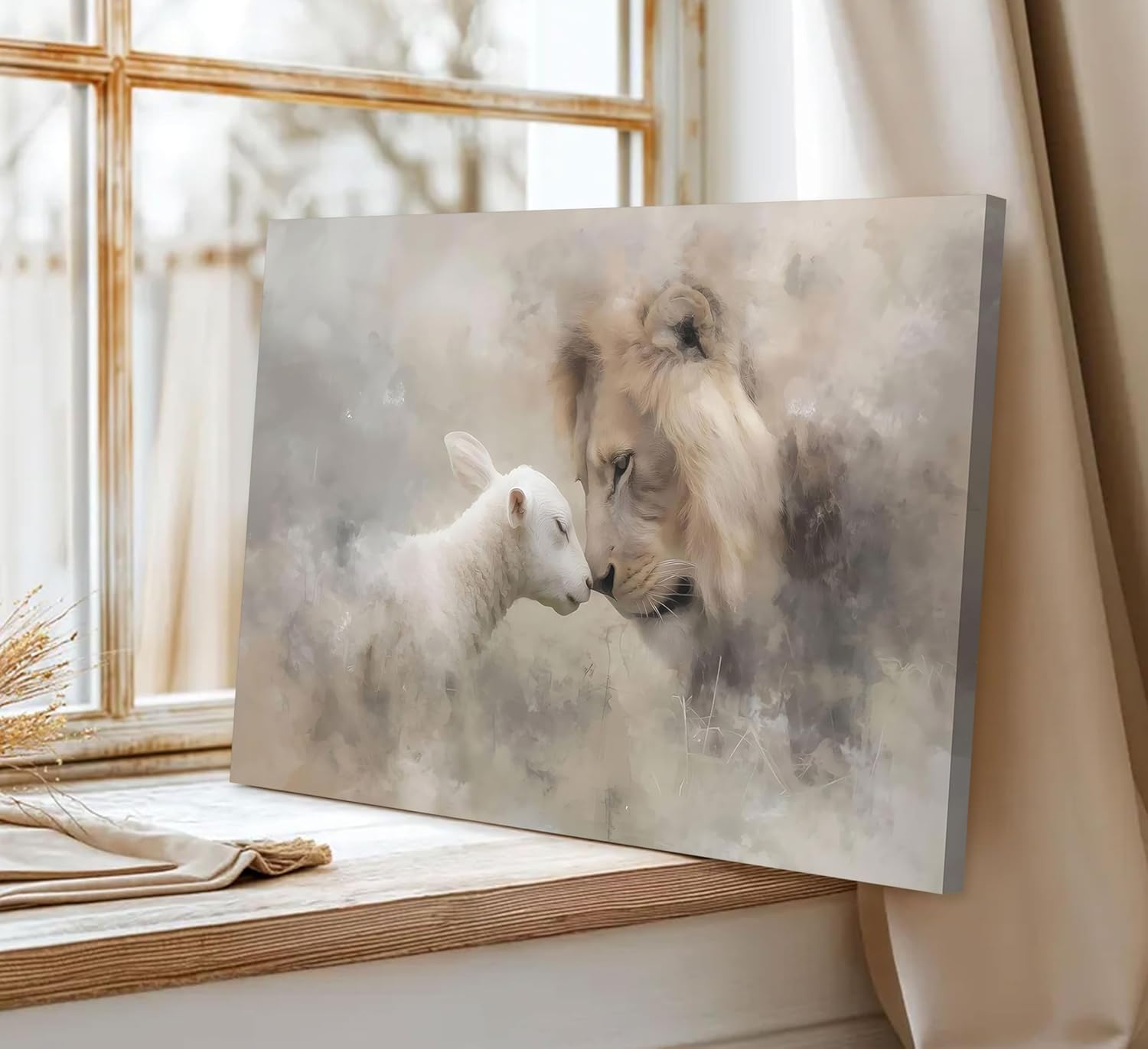 Lion and Lamb Canvas Wall Art Modern Neutral Christian Poster Print Abstract Religious Bible Stories Painting Picture Wall Decor Artwork for Living Room Bedroom Church 16x24in Framed
