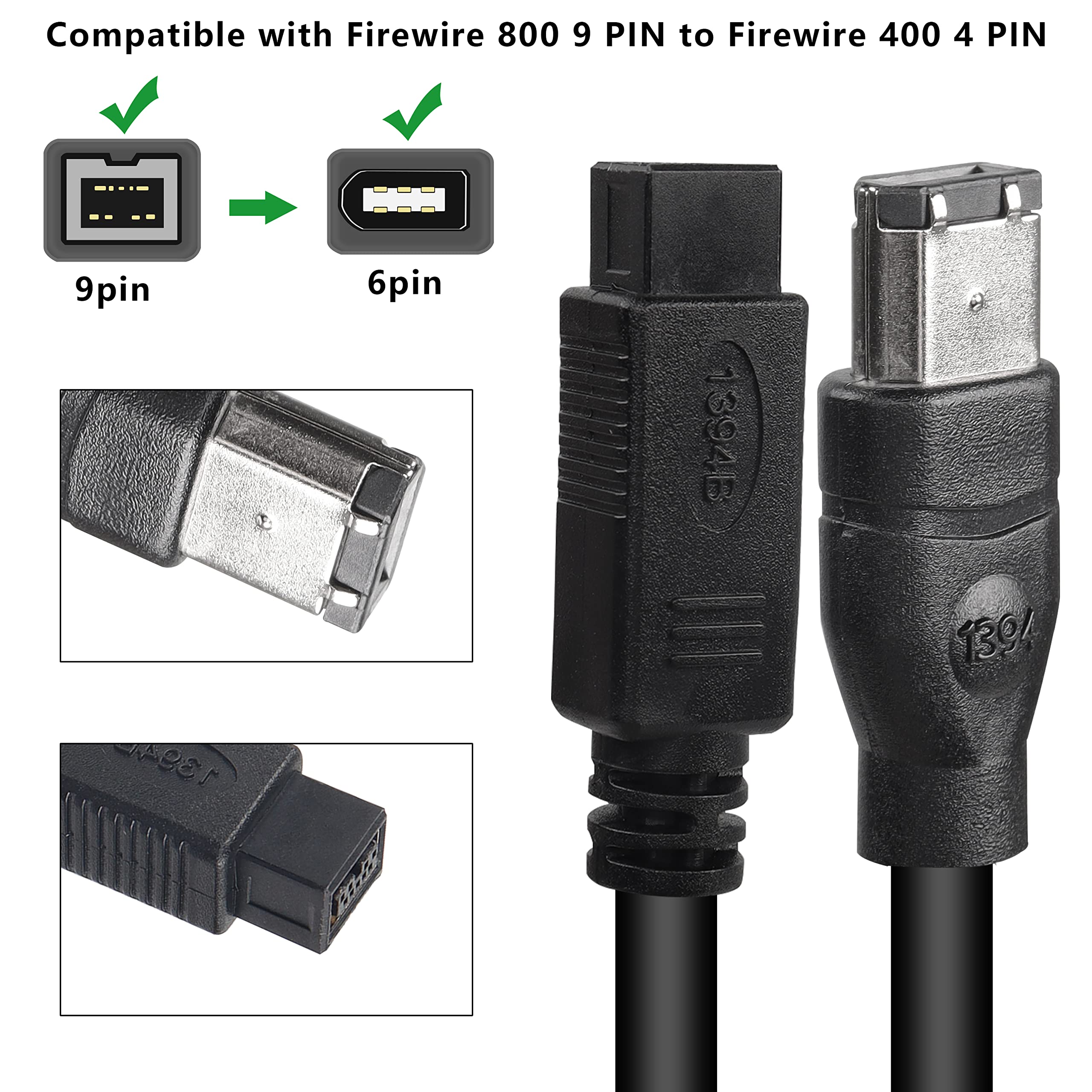 MEIRIYFA FireWire 1394B - Cavo adattatore 9 pin maschio a 6 pin, Firewire 800 a 400 IEEE per fotocamere digitali, stampanti, scanner, 1,8 m