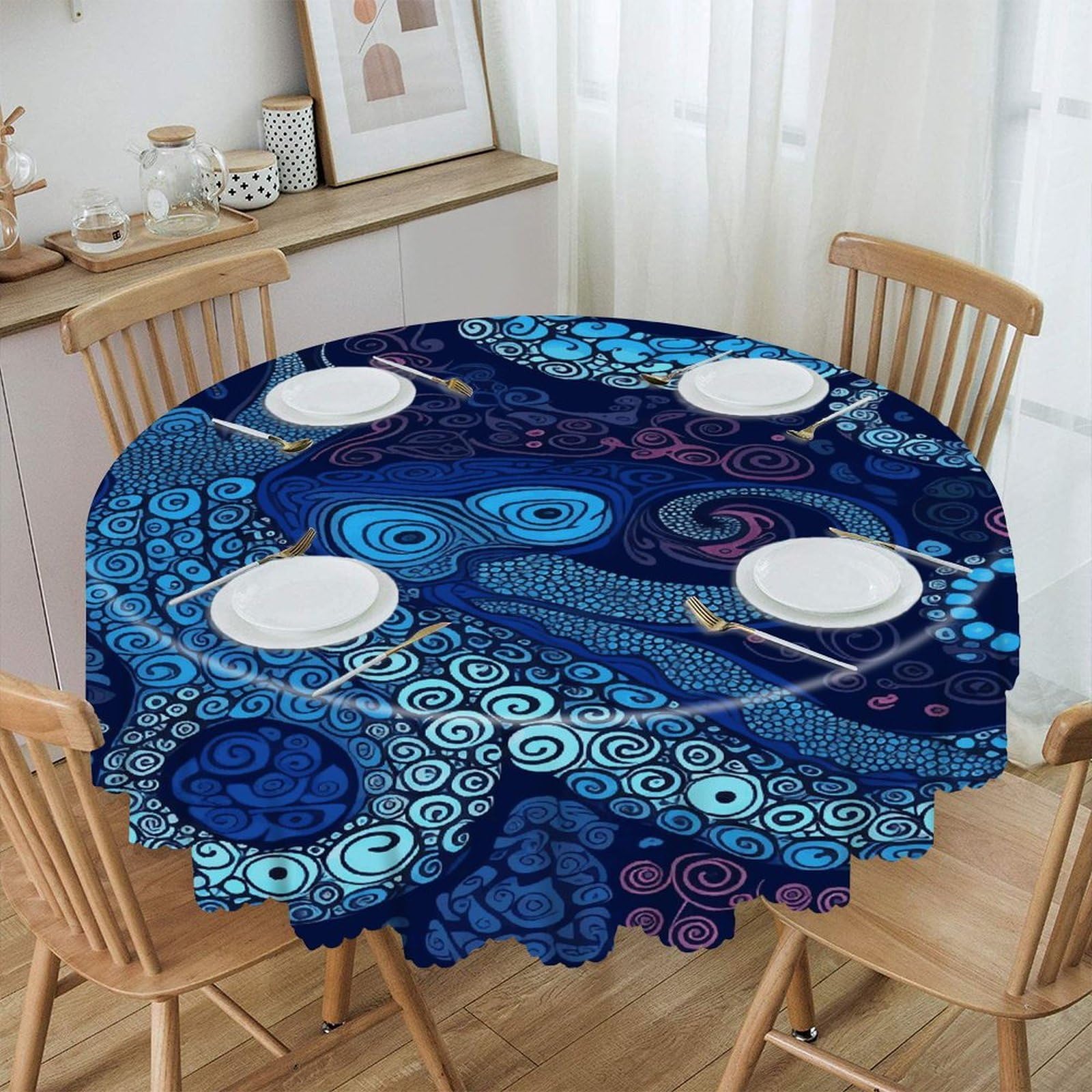 VstaDank 60 Inch Round Blue Octopus Tablecloth Polyester Waterproof Wrinkle Free Table Cloth Spillproof Washable Table Cover Colorful Tablecover Decor for Home Kitchen Dining Party