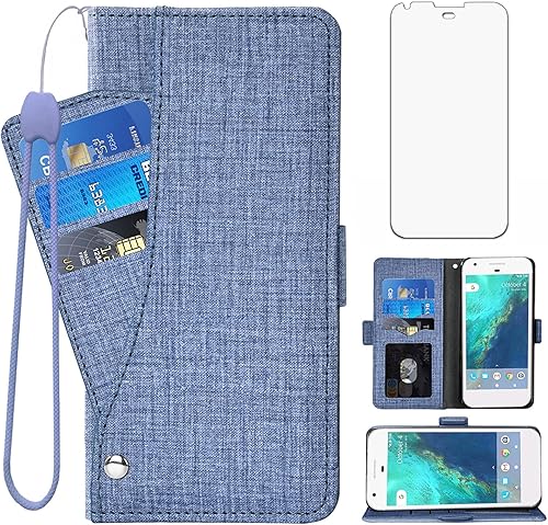 Miniatura 1 de Asuwish Compatible con Google Pixel XL Funda de vidrio templado protector de pantalla y cuero Flip Cover titular de la tarjeta Accesorios celulares