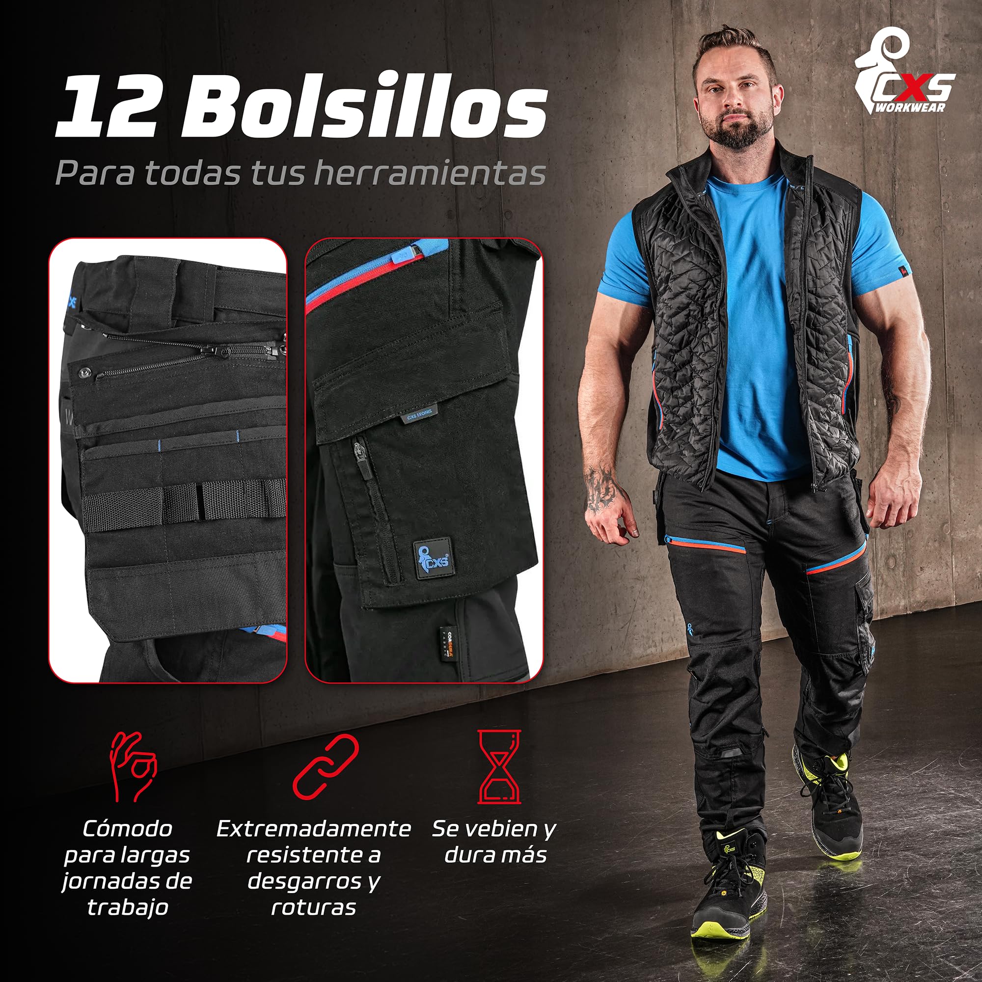 CXS® Pantalón de Trabajo para Hombre con Refuerzos Cordura®, Stretch Resistente, Gran Libertad de Movimiento, múltiples Bolsillos y Bolsillos para Rodilleras, Ideal para Obra y Taller