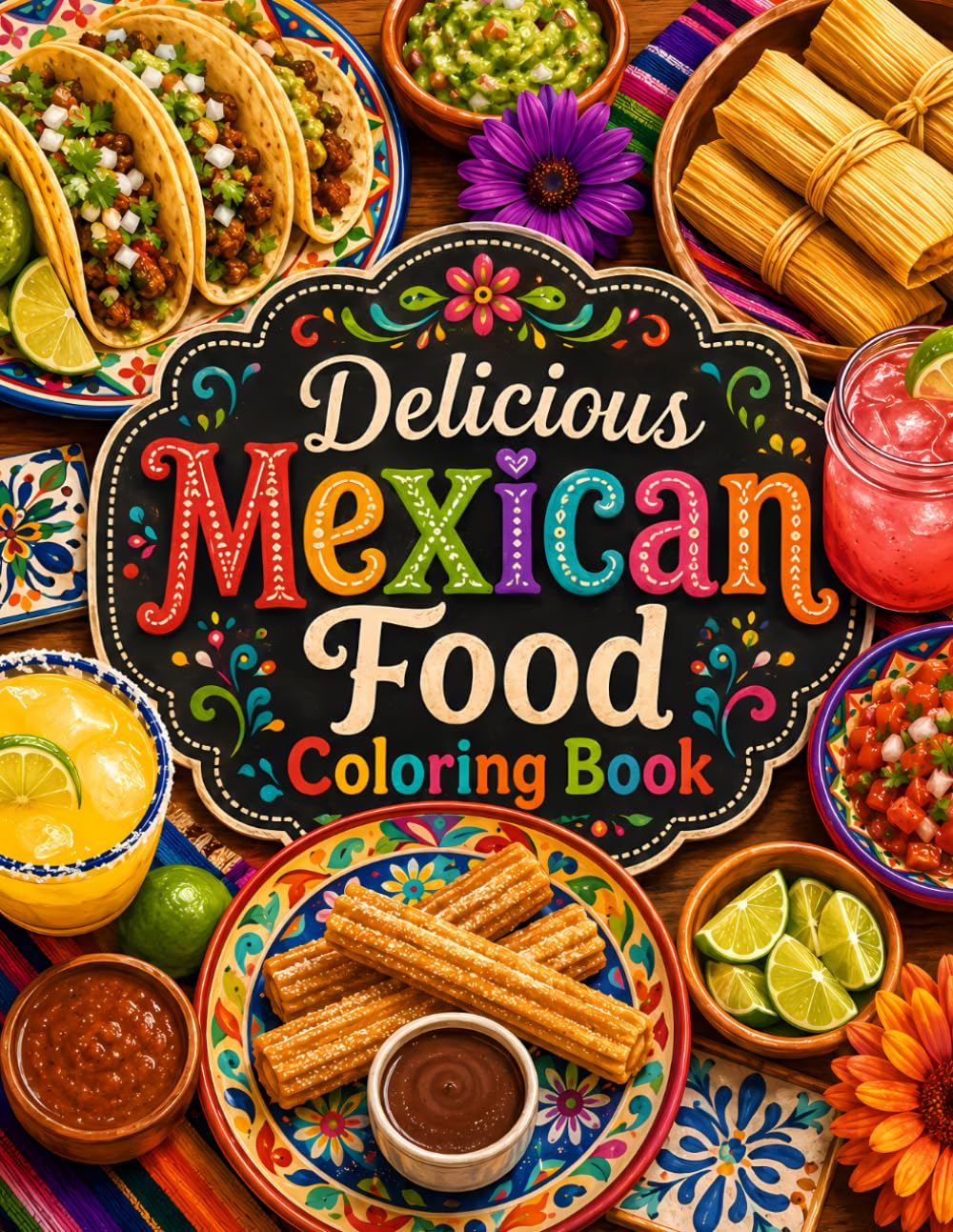 Delicious Mexican Food Coloring Book: Cute and Fun Food Coloring Pages for Kids with Tacos, Nachos, Churros, Elote, Tamales, Salsa, Guacamole