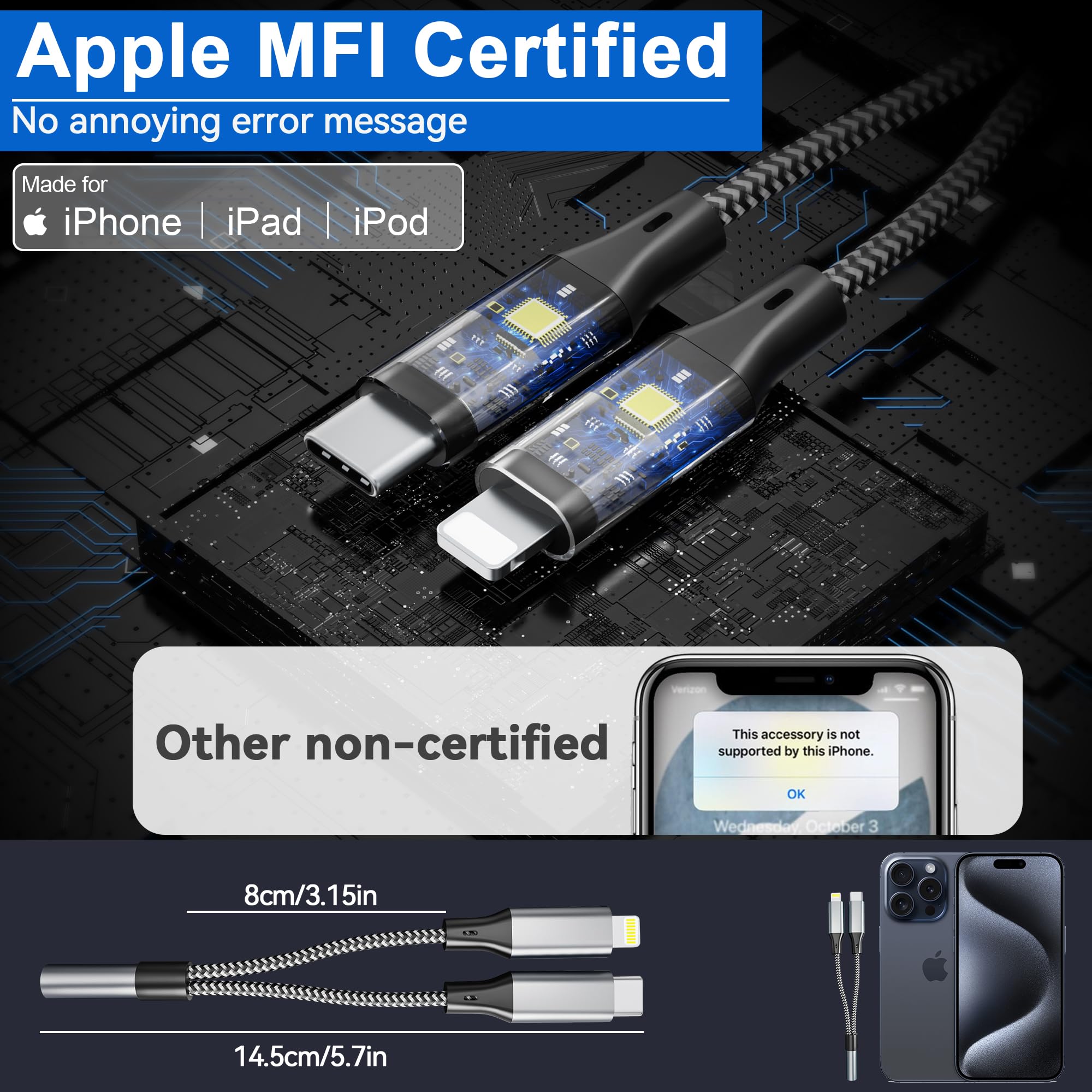 USB C und Lightning auf 3,5 mm Kopfhörer-Adapter für iPhone – 2-in-1 iPhone AUX Adapter und USB C Kopfhörer-Adapter Audio-Klinken-Dongle für iPhone 16, 15, 14, 13, 12 Pro Max, Galaxy, iPad, MacBook