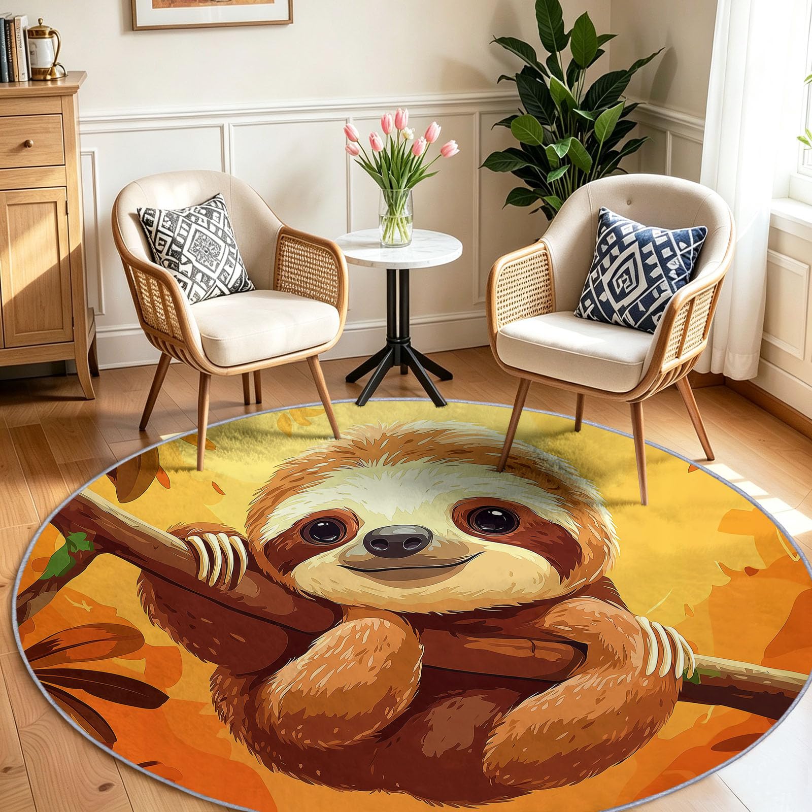 Générique Tapis Rond Salon 100 cm Jaune - Dessin Animé Nordique Paresseux Branches Animaux - Doux & Antidérapant - Poils Courts Faciles à Entretenir - Idéal Chambre, Salle à Manger et Table Basse
