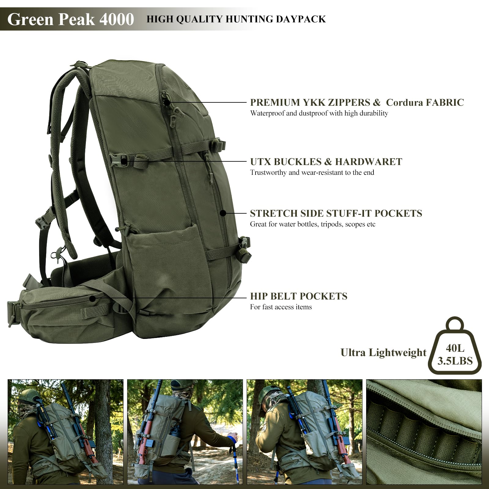 JOMAILIEEL 40L Green Tactical Hunting Backpack for Men with Rifle Holder,Durable, Waterproof with YKK Zippers,UTX Buckles,Hunting Pack with Rain Cover for turkey Hunting season, Hiking and Tactical