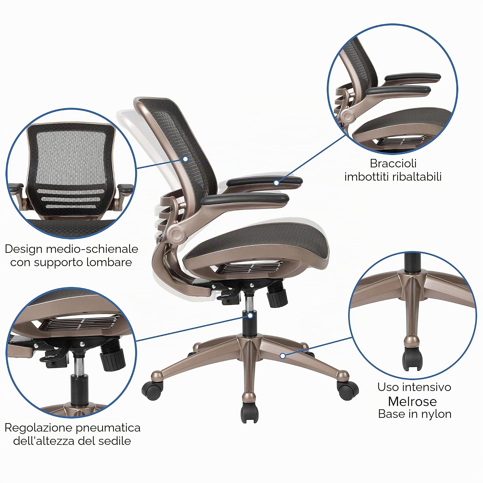 Flash Furniture Exec Mesh Mid-Back Sedia da Ufficio Girevole direzionale in Rete Nera Trasparente con Struttura in Oro Melrose e braccioli ribaltabili, Metallo, Nero, 55.88 x 62.23 x 104.14 cm