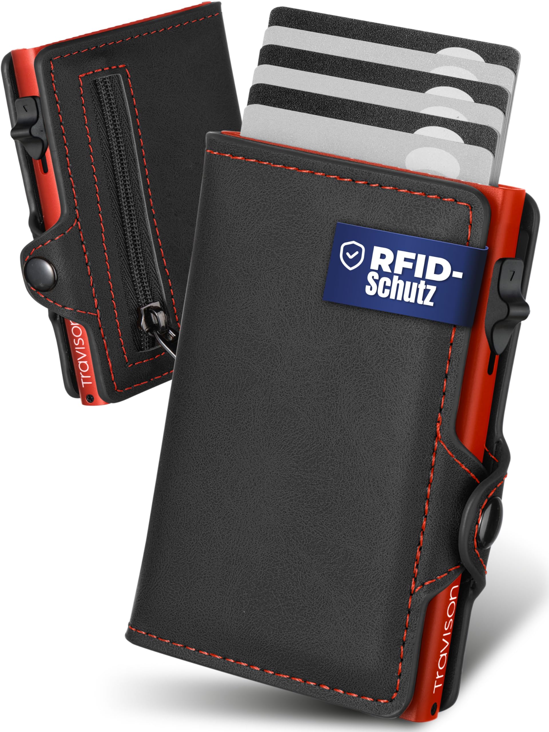 Travison® SMART Wallet mit Münzfach und Geldscheinfach - Kartenetui mit Münzfach und Schnellzugriff - RFID-Schutz - Herren Geldbörse klein - Kreditkartenetui - Geldbörse mini (Schwarz - Rot)