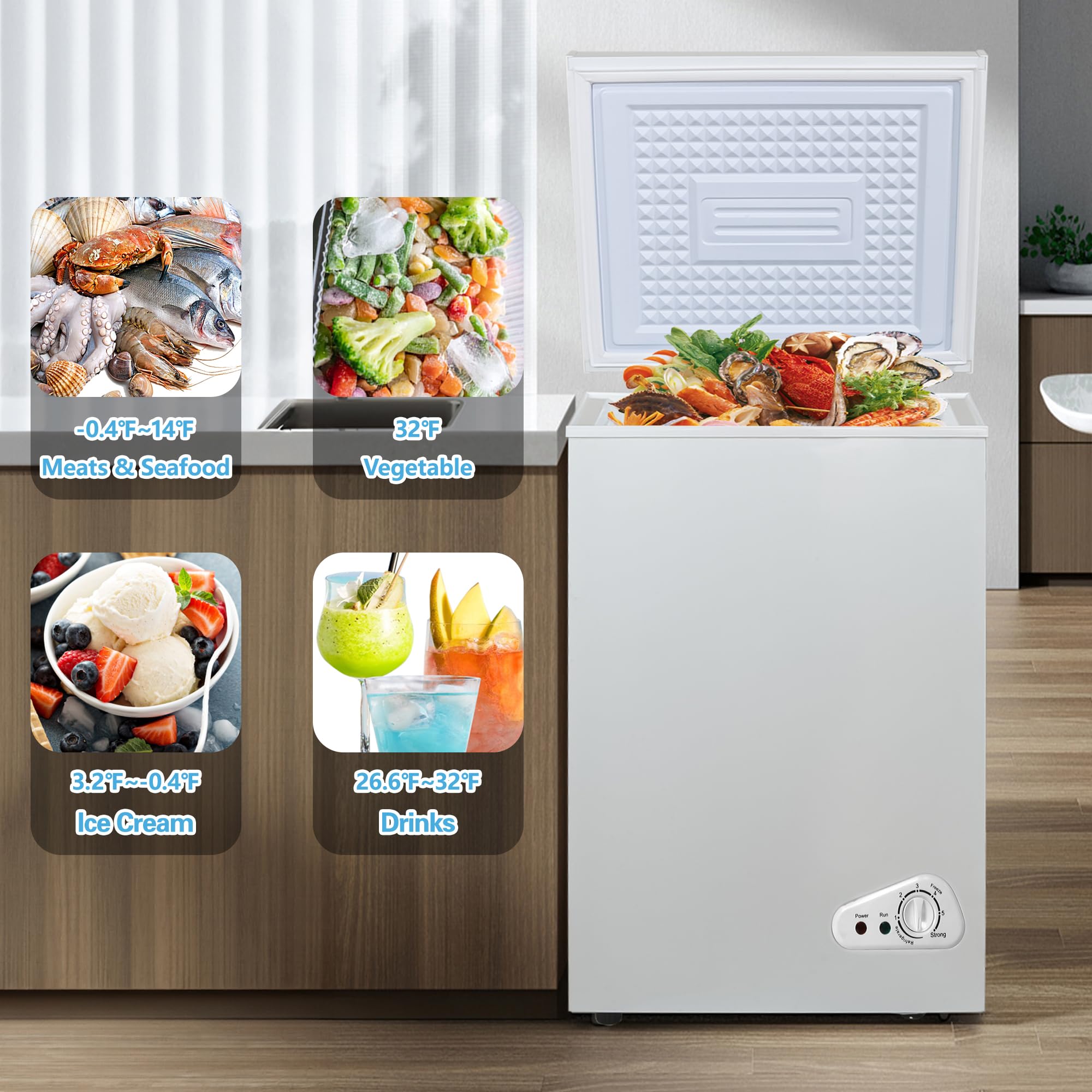 Chest Freezer 5.0 Cu.Ft Deep Freezer With 2 Removable Basket Small Freezer, Adjustable 6 Thermostat,Free-Standing Top Door, Energy Saving, Quiet Mini Freezer For Home/Garage/Dorm, White on Fridge.com - View 3