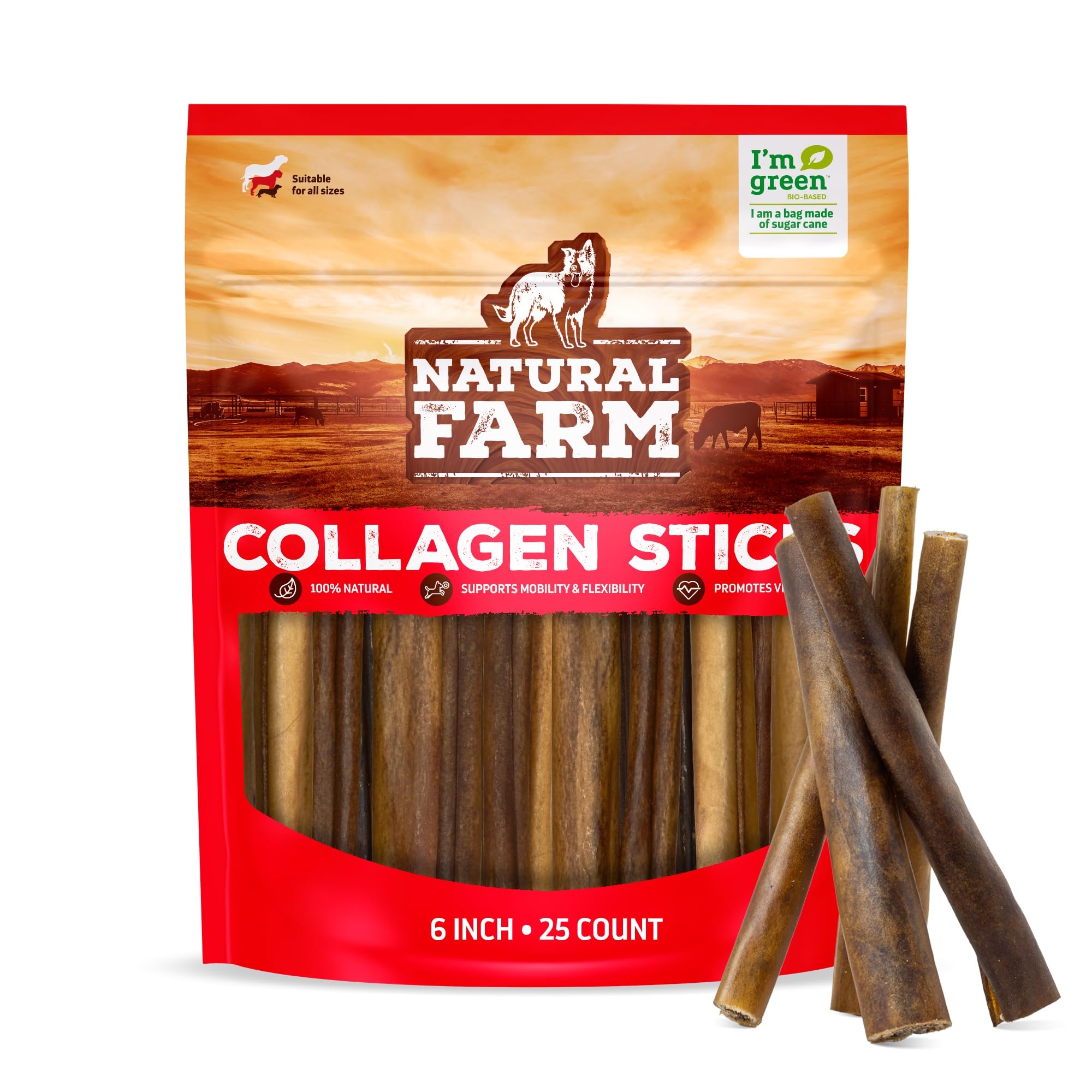 Natural Farm Collagen Sticks for Dogs (6 Inch, 25 Pack), Odor-Free Long Lasting Chews & Rawhide Alternative - 95% Collagen, Low Fat, High Protein - Best Dental Dog Treats - Medium & Large Dogs
