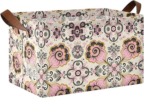 Japanese Style Paisley Pink Flower Black Foldable Baskets Fabric Storage Bins with Handles Laundry Storage Bedroom Living Room for Makeup Books