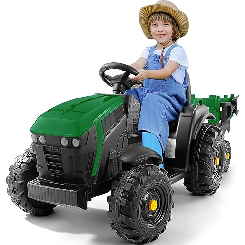 ELEMARA 24V 9AH Ride on Tractor with Easy Detachable Trailer, 400W Motors Electric Tractor Toy for Big Kids, All-Terrain Capability, Safety Design with 3-Point Seat Belt for Ages 3+, Green