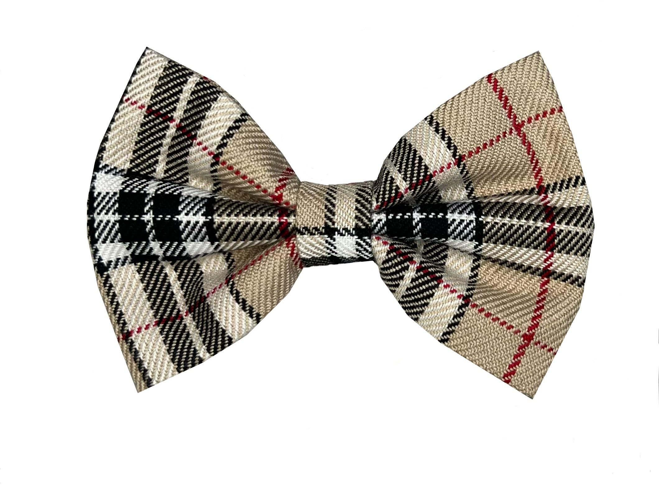 New Dogs Bow Tie Tartan woven Elastic Band attach COLLAR ACCESSORY Handmade UK (Medium Tartan Beige woven)
