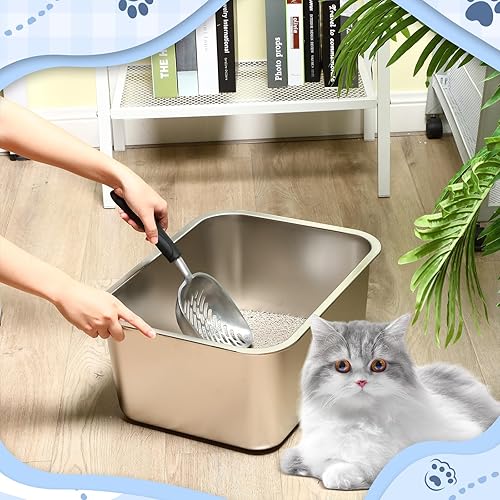 Miniatura 4 de Zubebe Paquete de 3 cajas de arena para gatos de acero inoxidable con 3 piezas de arena para gatos, caja de arena grande para gatos, cucharas de