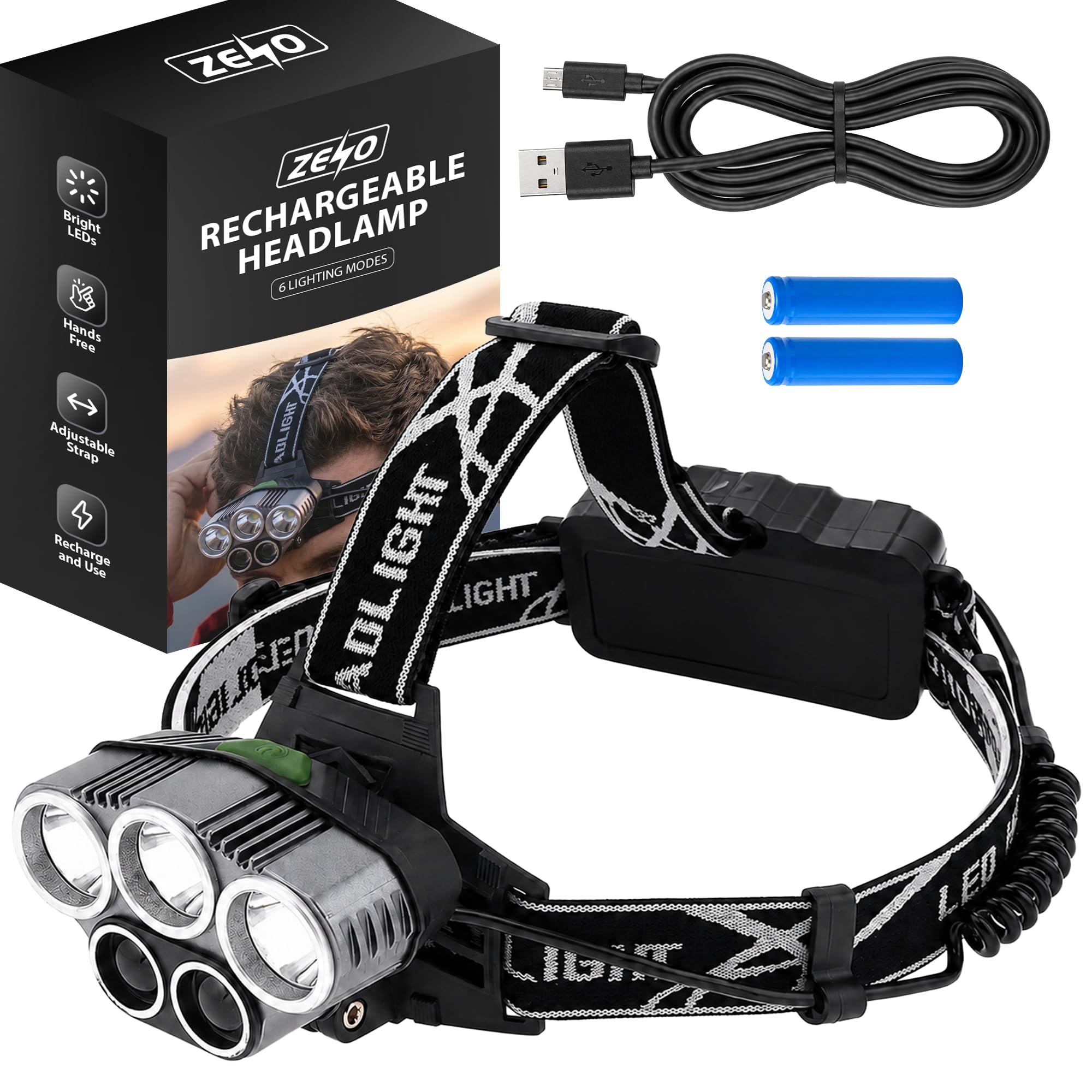 ZENO Head Torch | Headtorch For Camping, Hiking & Running | 5 x 50000LM Ultra Bright LED Lights With 6 Modes | Waterproof Design | Headlamp With Comfortable & Adjustable Head Band | Batteries Included