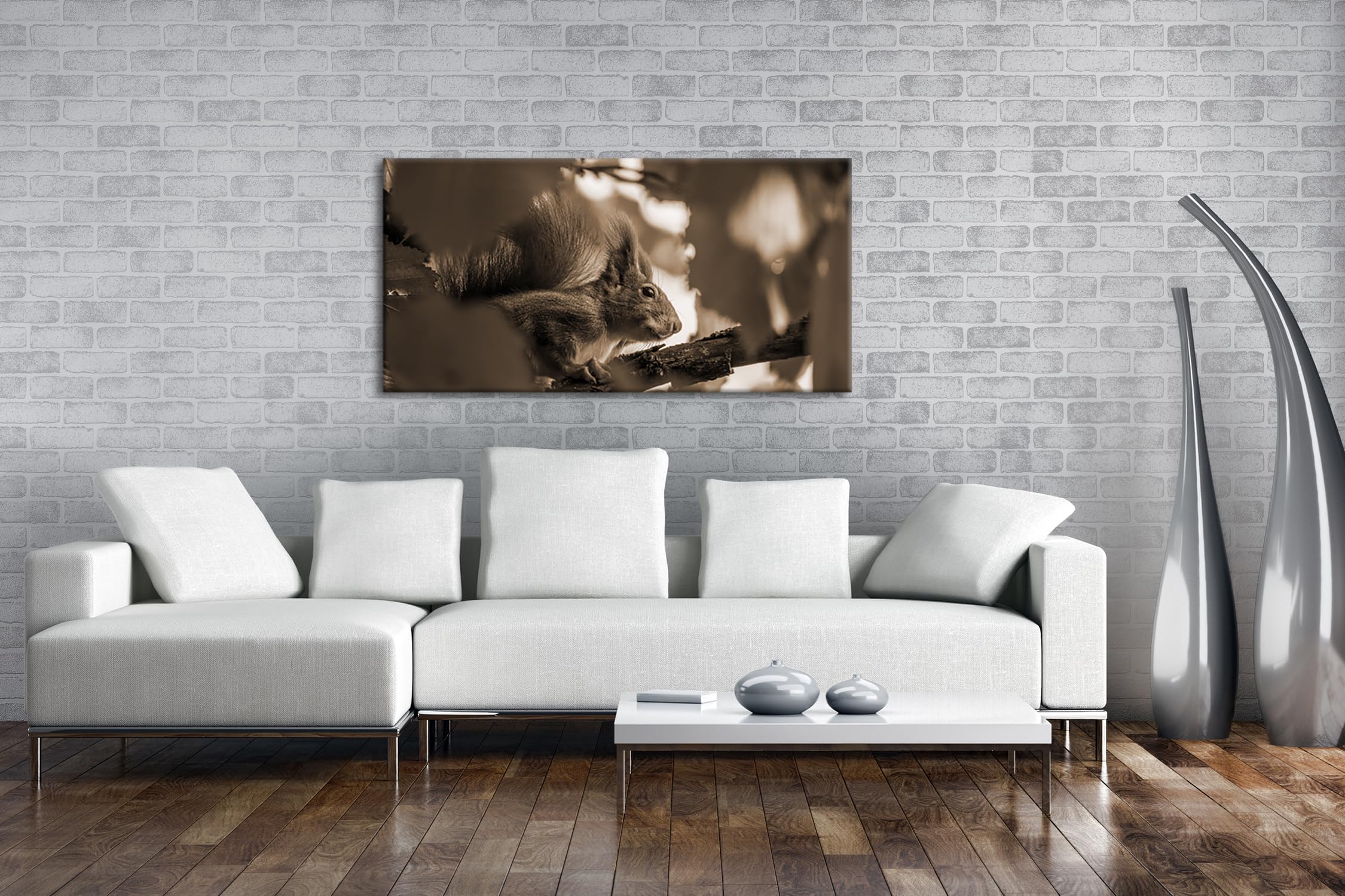 Joli panorama écureuil ravissant 100 x 50 cm - Effet : sépia comme toile - Motif prêt à être encadré sur un cadre en bois véritable - Impression numérique de qualité supérieure avec cadre