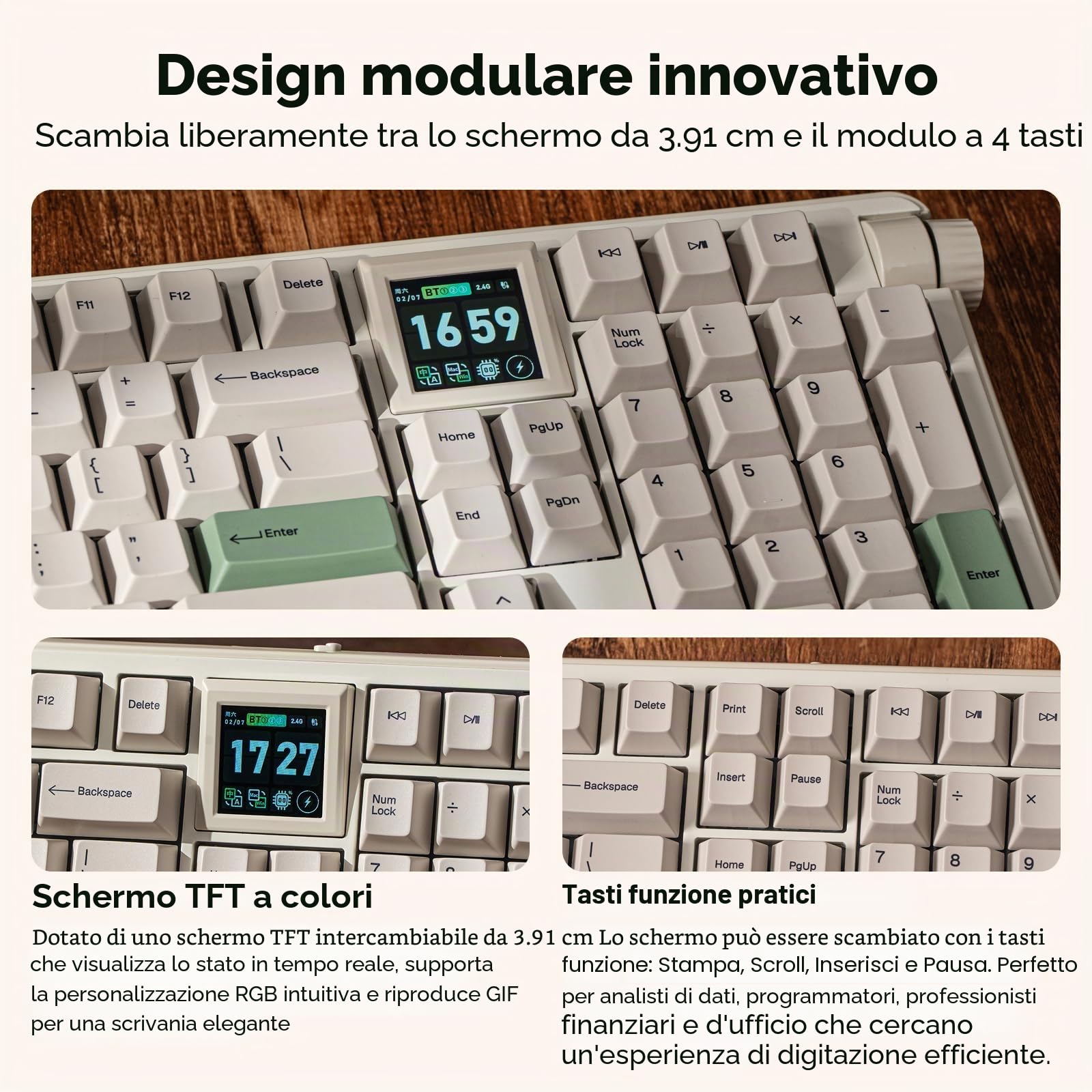 EPOMAKER RT100 PRO Tri-Mode Tastiera Meccanica, 1.54" Hot-Swap Screen, Knob, Retro PBT Keycap, Mac Keys, Thocky Gasket, Custom Driver, RGB, BT/2.4G Wireless Gaming Keyboard (Bianco, Sea Salt Silent)