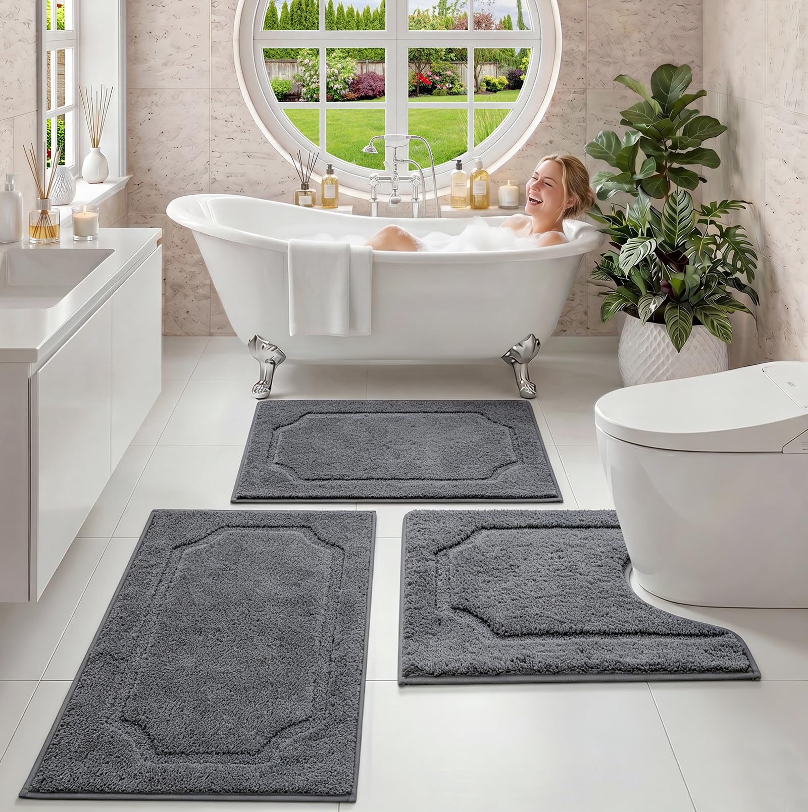Set di 3 tappetini da bagno antiscivolo e antimuffa, lavabili