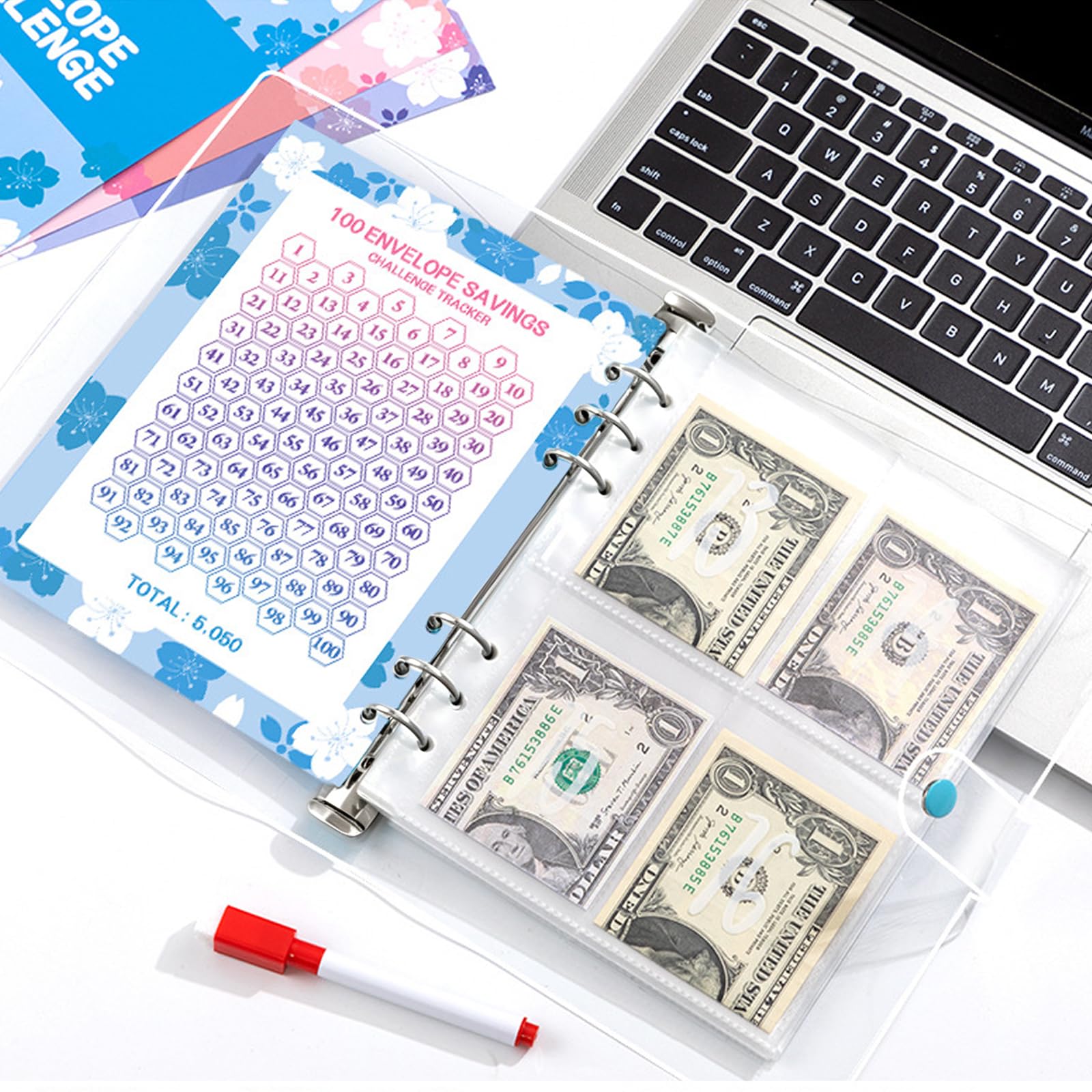 100 Envelope Saving Challenge z 6 zakreślaczami do tekstów, planer budżetowy i teczka oszczędnościowa do oszczędzania pieniędzy, wyzwania A5, segregator wyzwania mistrzów i oszczędność 50050 $ w ciągu