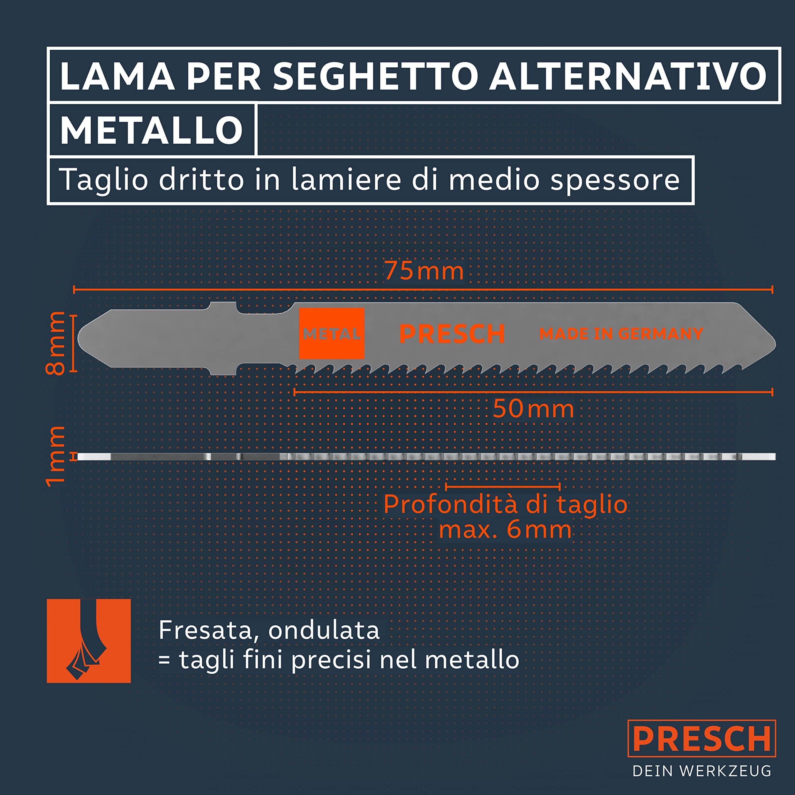 Presch Lame seghetto alternativo Metallo 10 pz. - Tagli precisi in lamiere di medio spessore (2,5-6mm) - Lame per seghe durature con codolo a T per tutti i seghetti alternativi