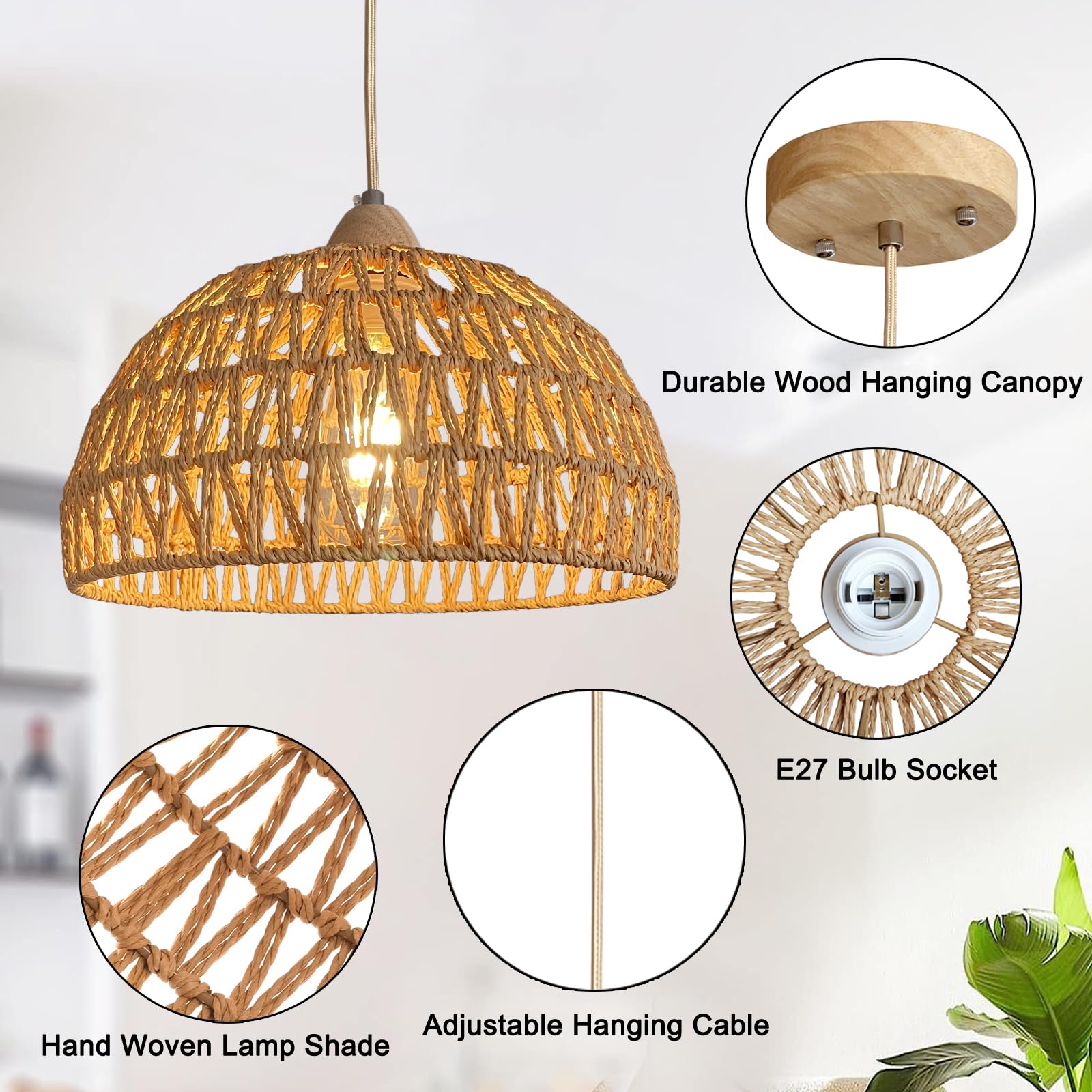 2 Stücke Pendelleuchte Rattan, Boho Vintage Hängelampe, Rustikal Retro Hängeleuchte Geflochten Esstisch Pendellampe E27 Esszimmerlampe Hängend für Esszimmer Wohnzimmer Esszimmer Flur Küche Ø 30cm