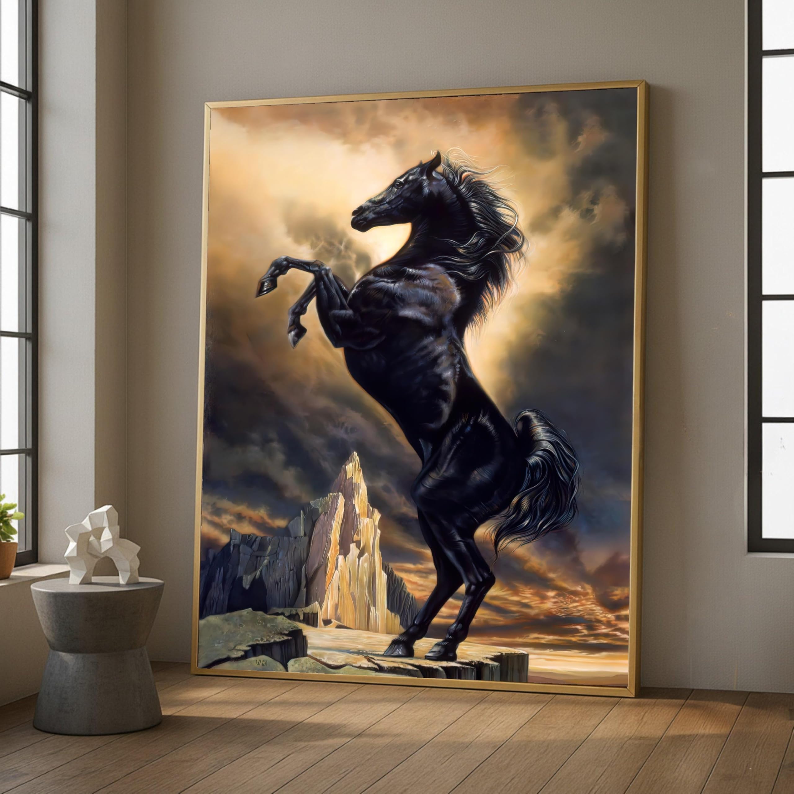 LMYCHENG Majestic Black Stallion Oil Painting, Rearing Horse Posters and Prints, Mountain Wall Art for Living Room Animals Poster(60x80cm/Frameless)