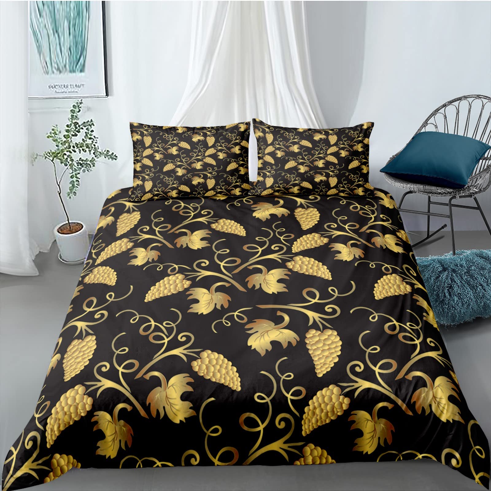 King Set Piumone Da Letto Uva Da Frutto D'Oro 3 Pz Baby Kids Bedding Sets: 100% Microfibra 3D Stampato Copripiumino + 2 Federe, Chiusura A Cerniera, Morbido Facile Cura 240X220 Cm