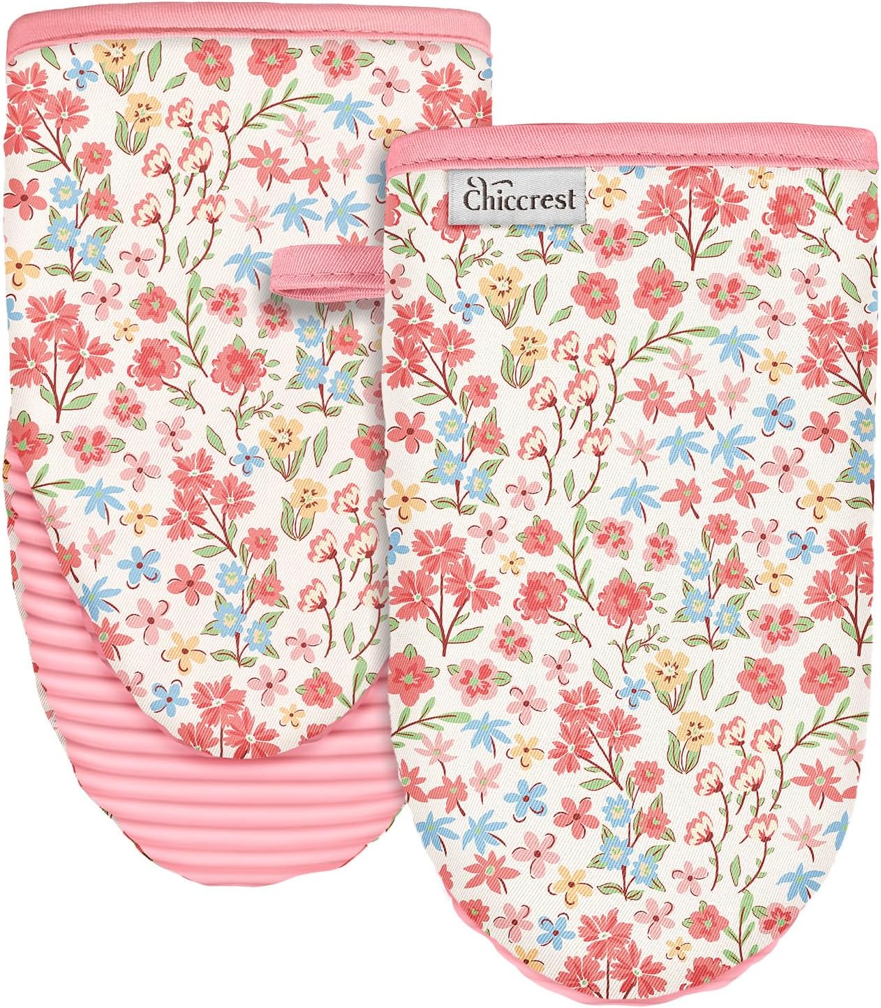 100% Thick Cotton Oven Mitts Ribbed Soft Silicone Pink Flower