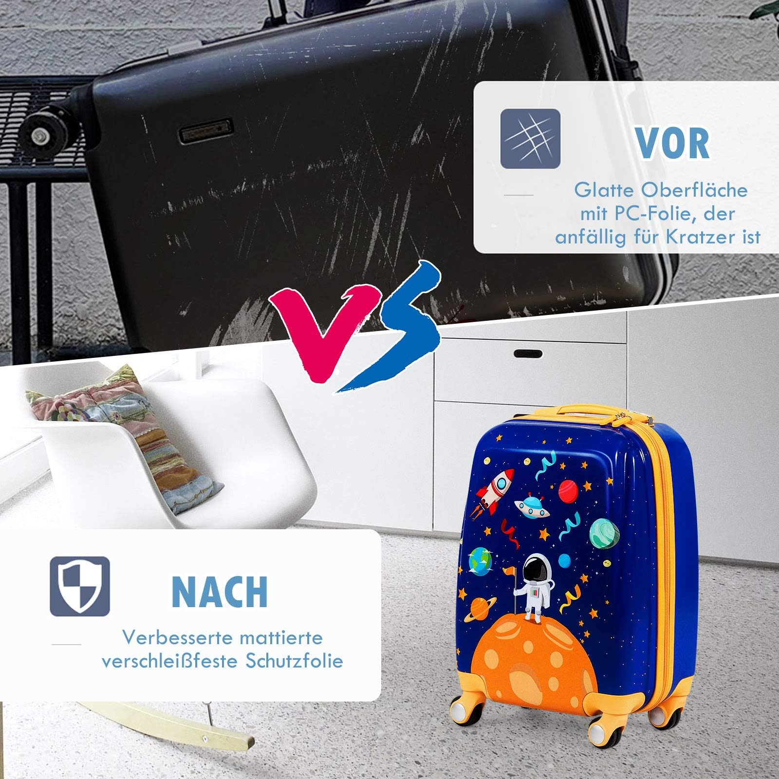 FANTASK Valigia per bambini + zaino, trolley per bambini in plastica, bagaglio per bambini, bagaglio a mano, valigia rigida per ragazzi e ragazze