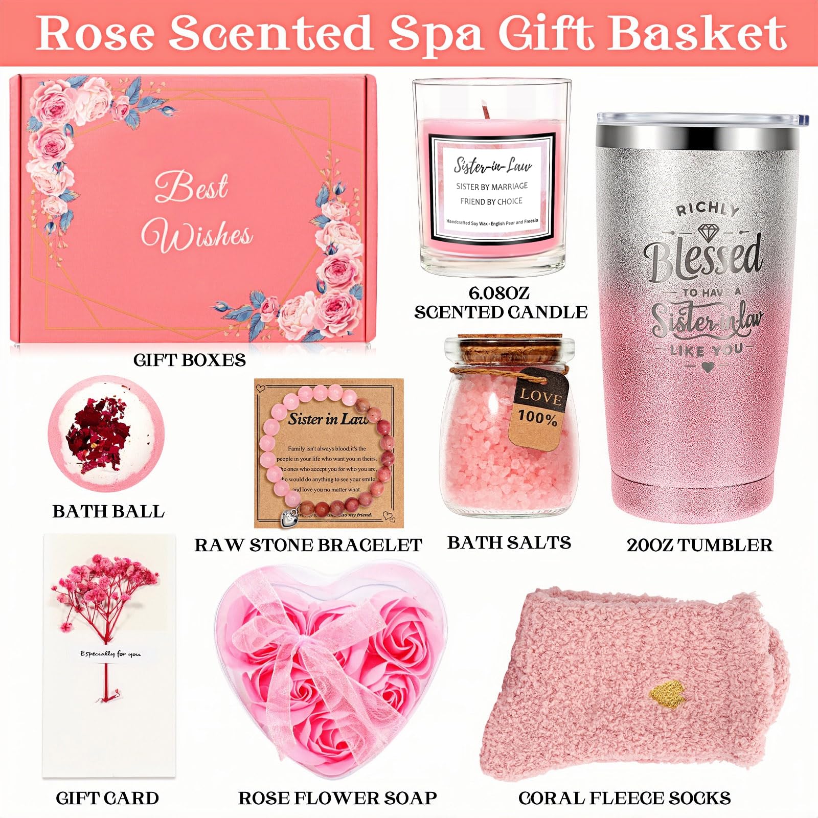 Sister in Law Gifts - Pink Gift Basket Set, Birthday, Christmas, Wedding, Spa Day, Best Gifts for Sister-in-Law, includes Coffee Mug
