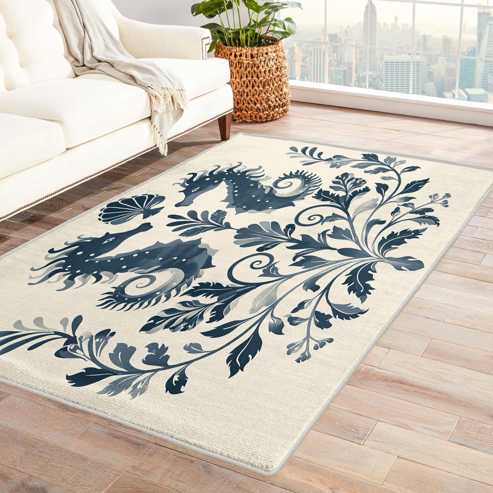 Seahorse Rugs for Living Room 3x5, Coastal Nautical Sea Life Pattern Design Area Rug, Seahorse Bedroom Decor Carpet, Non Slip, Washable NN293