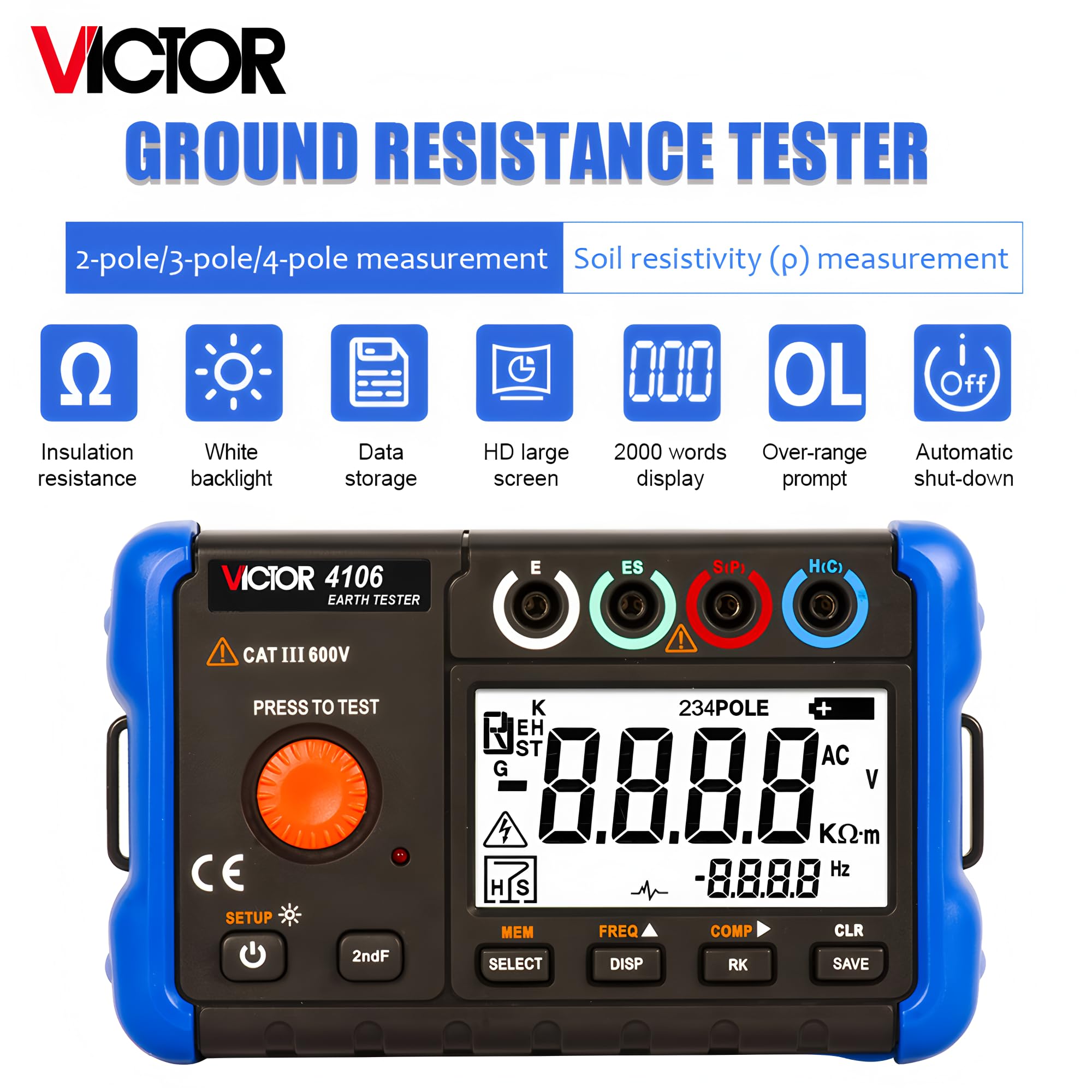 RUOSHUI Ohm Meters 4106 Earth ResistanceTester 2 pole 3poles 4 poles method Voltage 20V Current 20mA Frequency Soil resistivity measurement(RUOSHUI 4106)