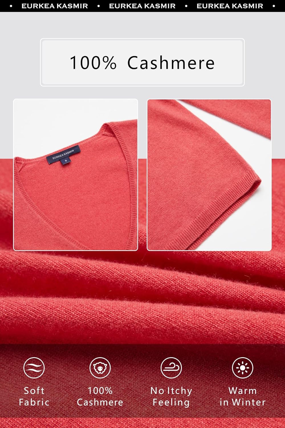 EURKEA Women's V Neck 100% Cashmere Sweater, Long Sleeve Pullover, Winter Top for Women, Gifts Ready - Image 5