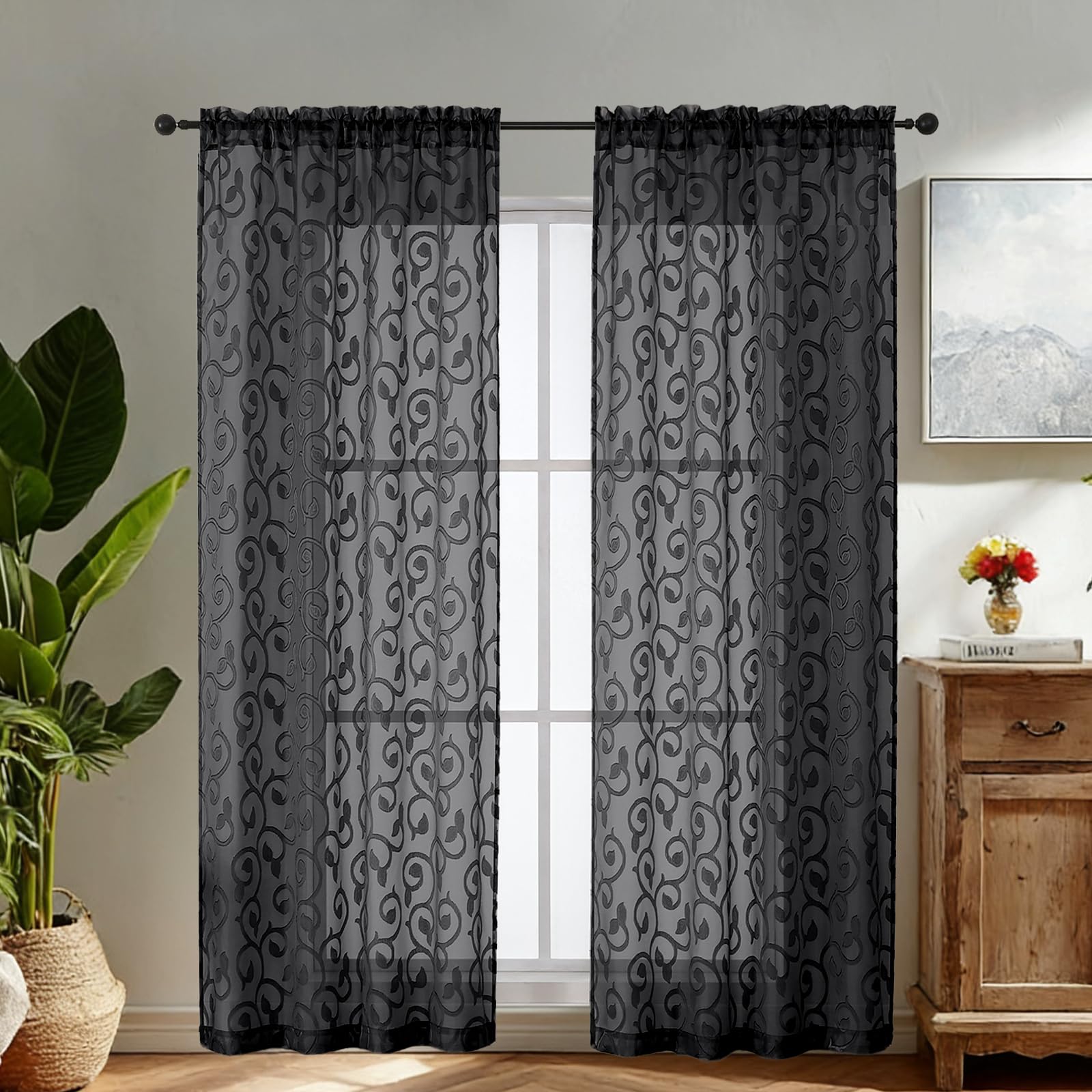 Simplebrand Black Sheer Voile Curtains with Embroidered Pattern, 2 Panels 140x200cm, Dual Rod Pocket Light Filtering Tall Window Curtains