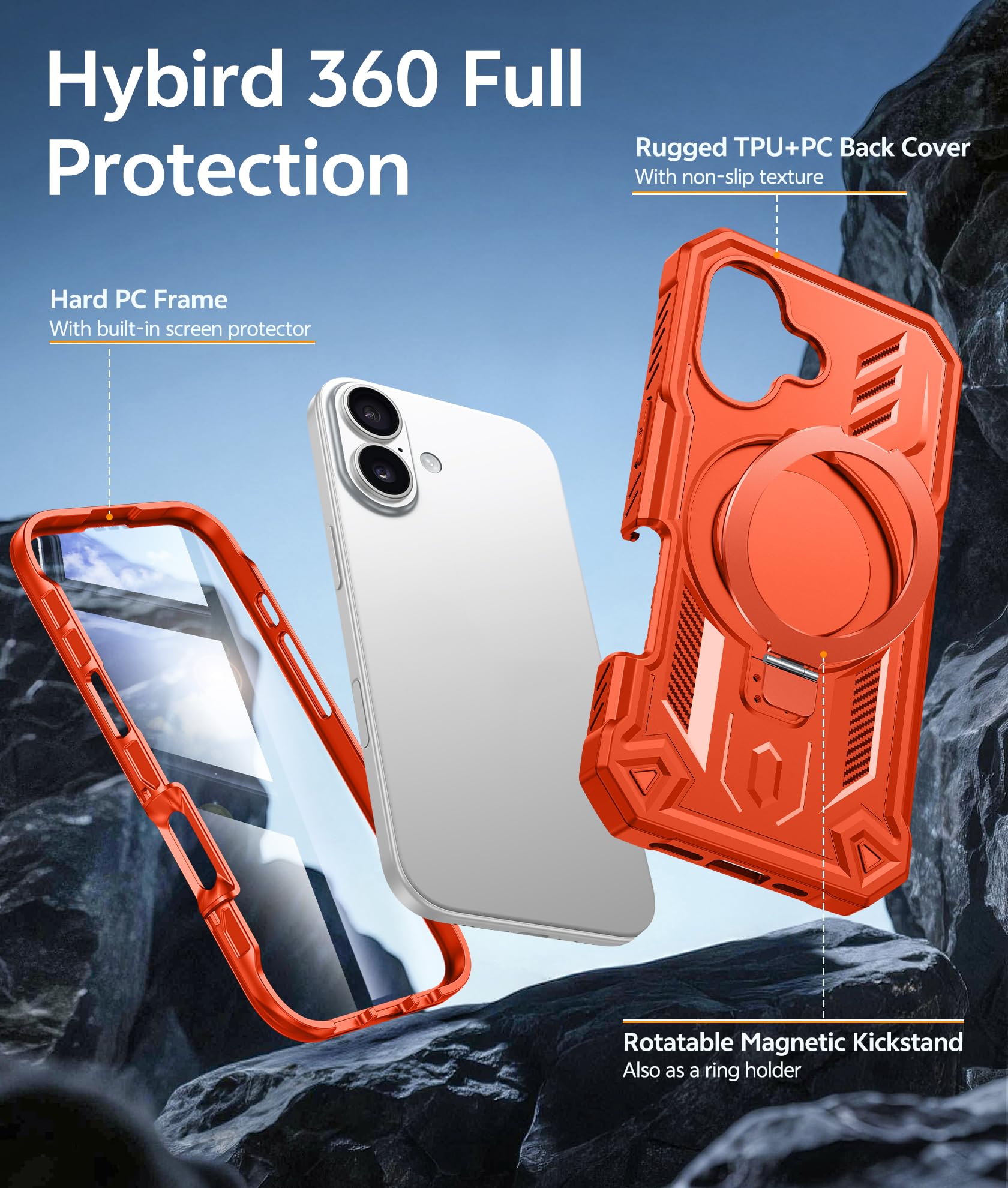 FNTCASE Coque de téléphone pour téléphone : coque magnétique avec protection d'écran intégrée | Anneau béquille de qualité militaire antichoc robuste | Coques robustes – 6,3 pouces (orange)