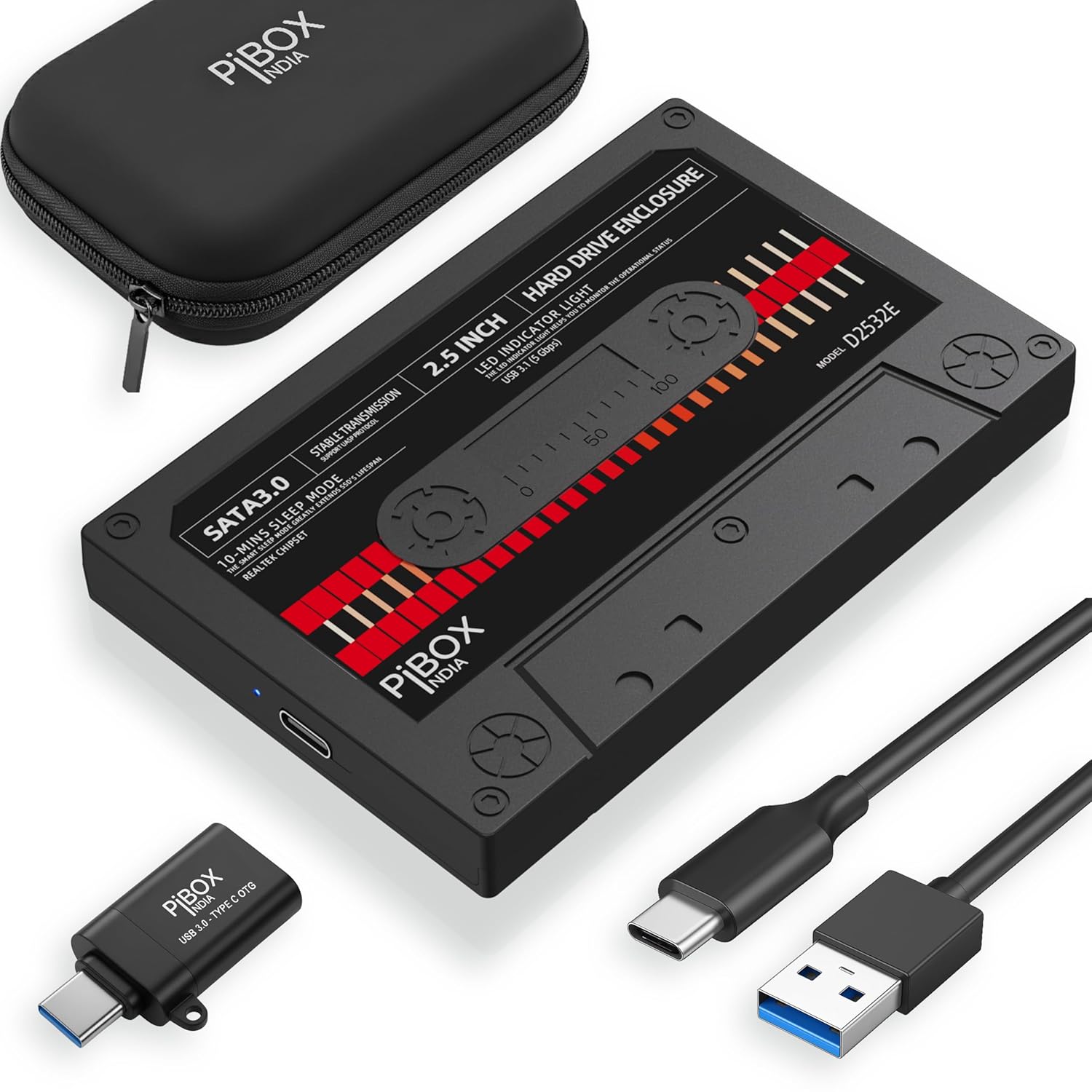 PiBOX 2.5 inch Hard Drive Enclosure Type C with OTG Adapter – Retro Casette, PiBOX India 6Gbps USB 3.1 to SATA III Tool-Free External Hard Drive Enclosure for 7mm/9.5mm 2.5″ SSD Laptop HDD with UASP