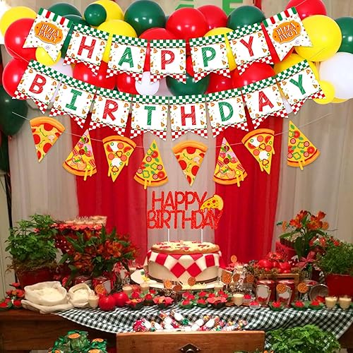 Miniatura 2 de Decoraciones de fiesta de cumpleaños de pizza para niños o niñas, kit de guirnalda de globos con temática de pizza, guirnalda de pancarta de feliz