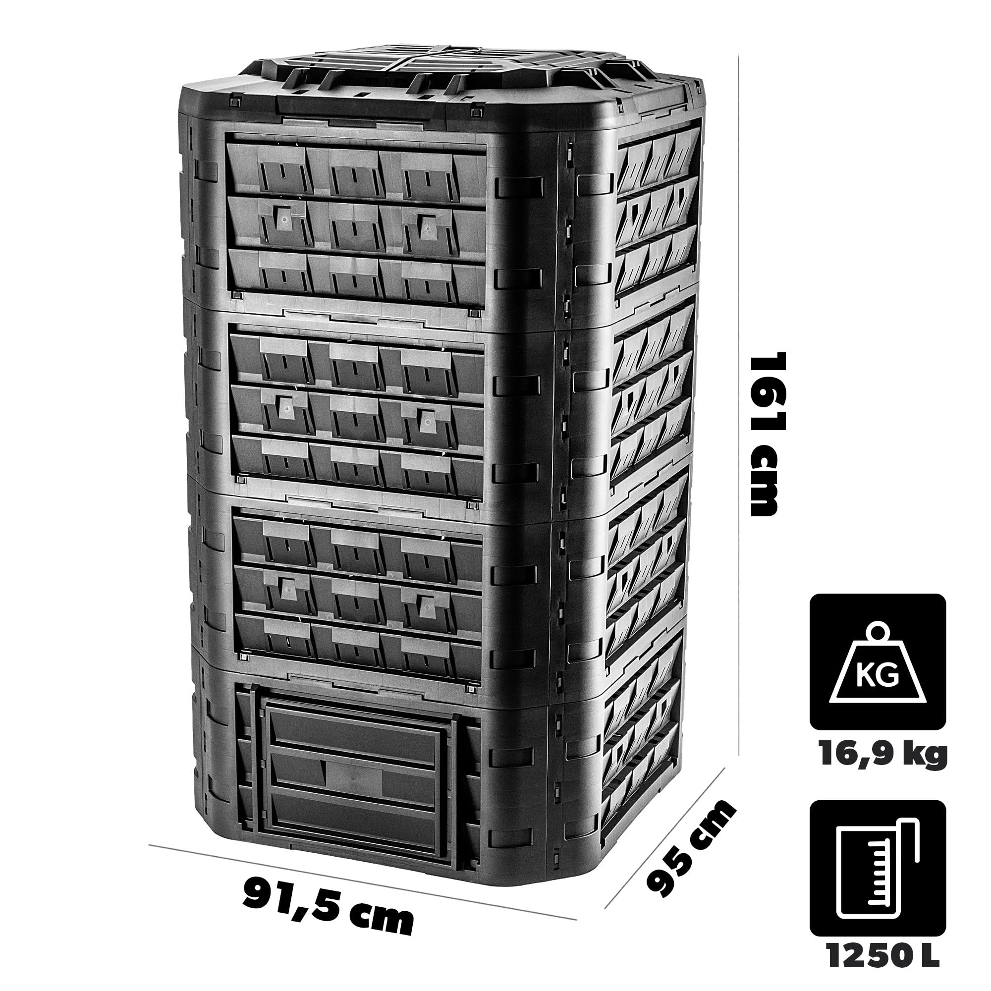 KADAX Compostador modular para residuos de jardín, compostador de plástico, contenedor de compostaje con ventilación y riego, contenedor de compostaje rápido (negro 1250 L)