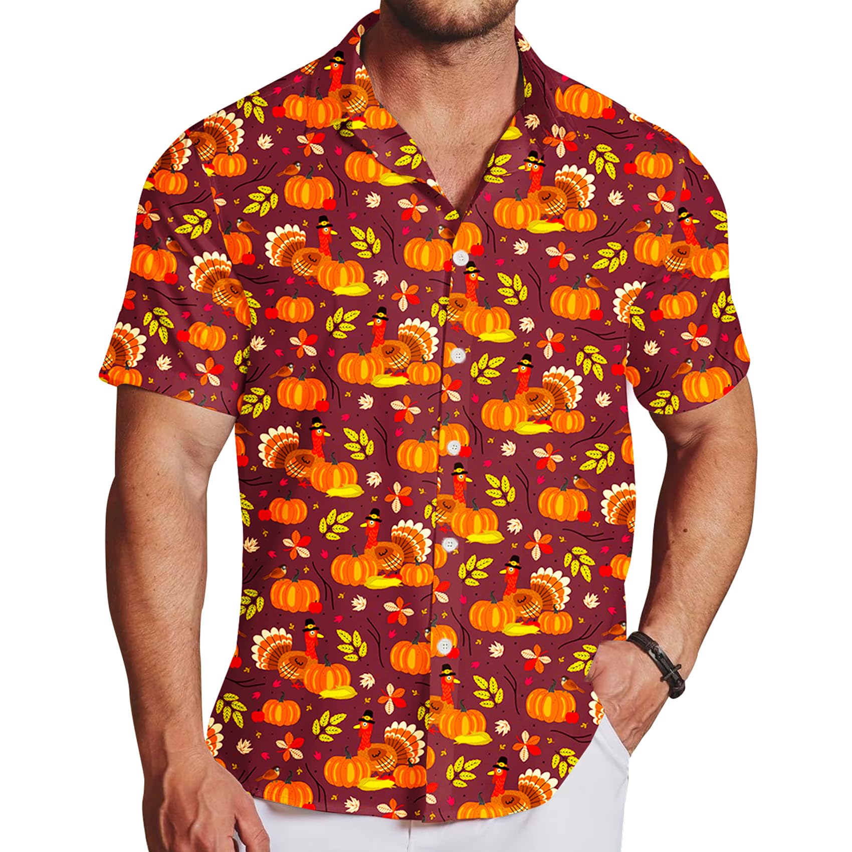 Mens Thanksgiving Button Tops Short Sleeve Turkey Hawaiian Shirt