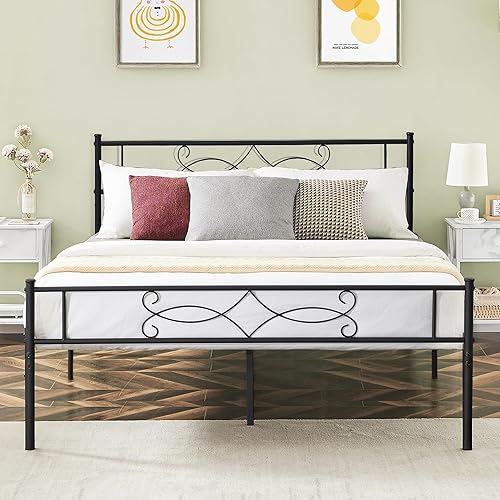 VECELO Base de cama de tamaño matrimonial con plataforma de metal, base de colchón con cabecero, soporte de listones de acero, no necesita somier,