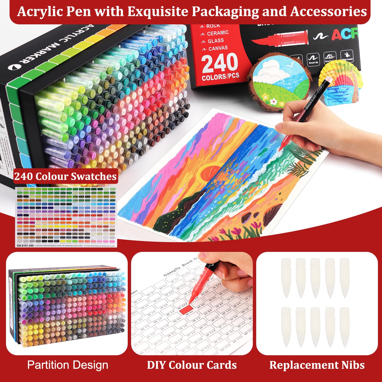 pennarelli acrilici, 240 colori pennarelli con punta di pennello flessibile, liquido diretto acrylic marker per pittura su roccia, ceramica, legno, vetro