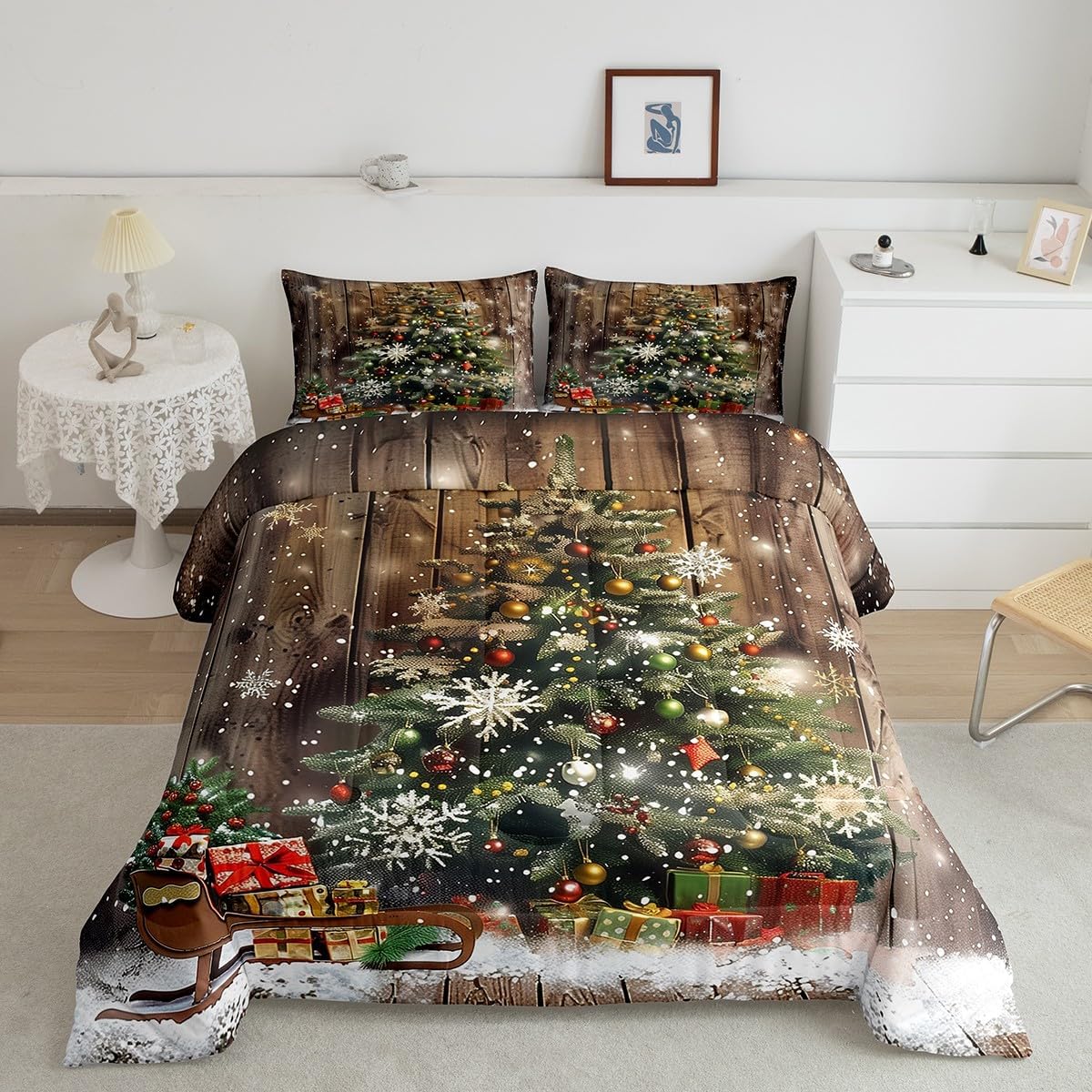 Christmas Tree Comforter Set King Size,Snowflake Winter Theme Duvet Insert for Kids Boys Girls Adults Room Decor,Merry Christmas Bedding Set 3Pcs,Wooden Stripes Xmas Theme Quilt Set,2 Pillowcases