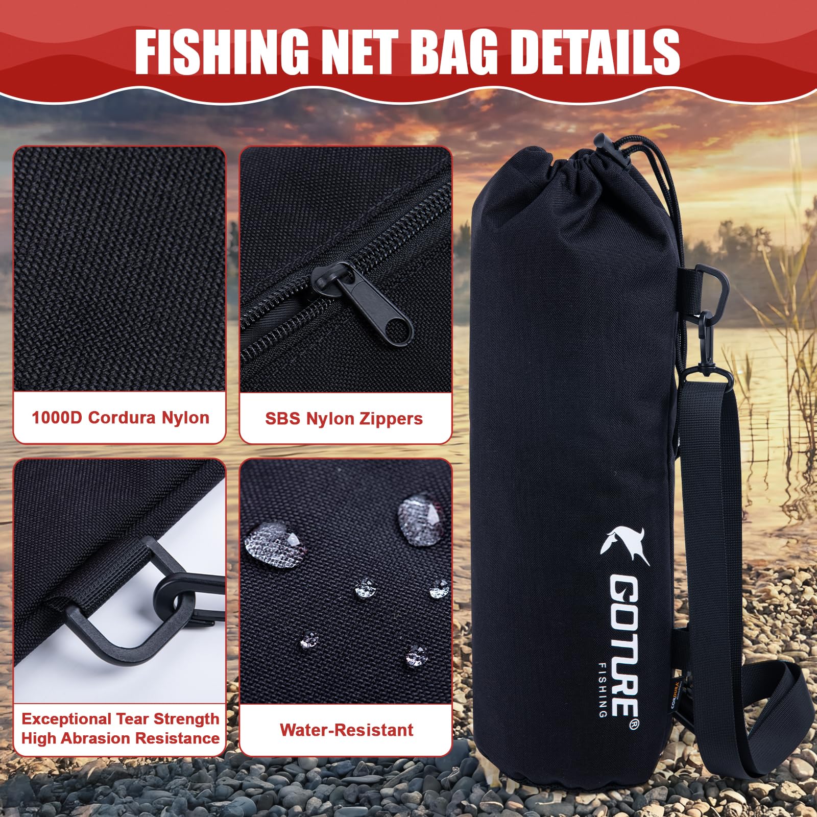 Goture Épuisette de Pêche Flottante avec Poignée, Manche Aluminium Télescopique ou Fixe. Filet Nylon Pliable Enduit PVC + Sac. Idéal Mouche, Kayak, Truite et Black-Bass