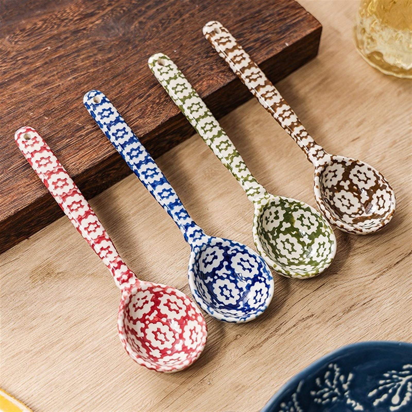 Esslöffel, japanischer Keramiklöffel, Abendessen, Porzellan, großer Löffel, Keramik, Langer Griff, runder Löffel, asiatischer Suppenlöffel, 1 Stück, Servierlöffel (Braun)
