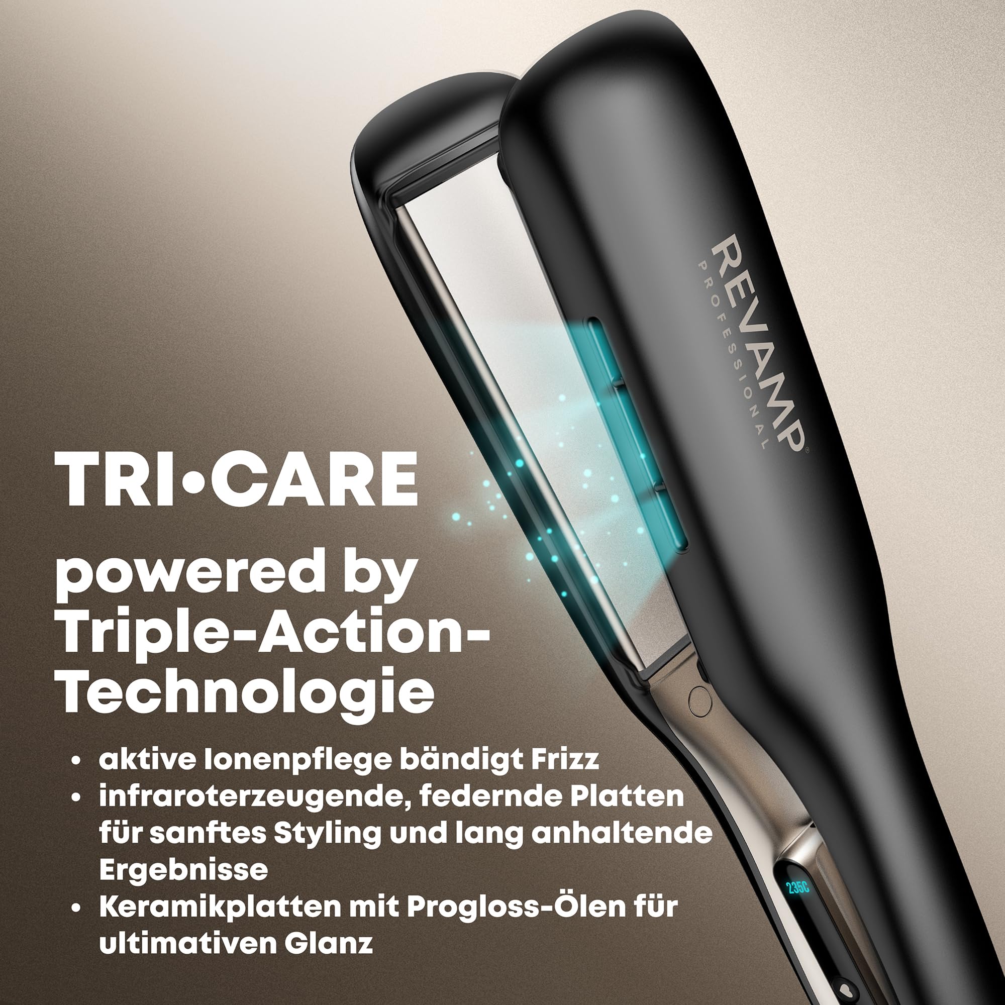 REVAMP Enigma Tri-Care Glätteisen Infrarot-Ionen - Breite Platten | Keramikplatten, Haarschonendes One-Stroke-Styling, Geschwungenes Design, Glätten, Locken, Wellen, Profi